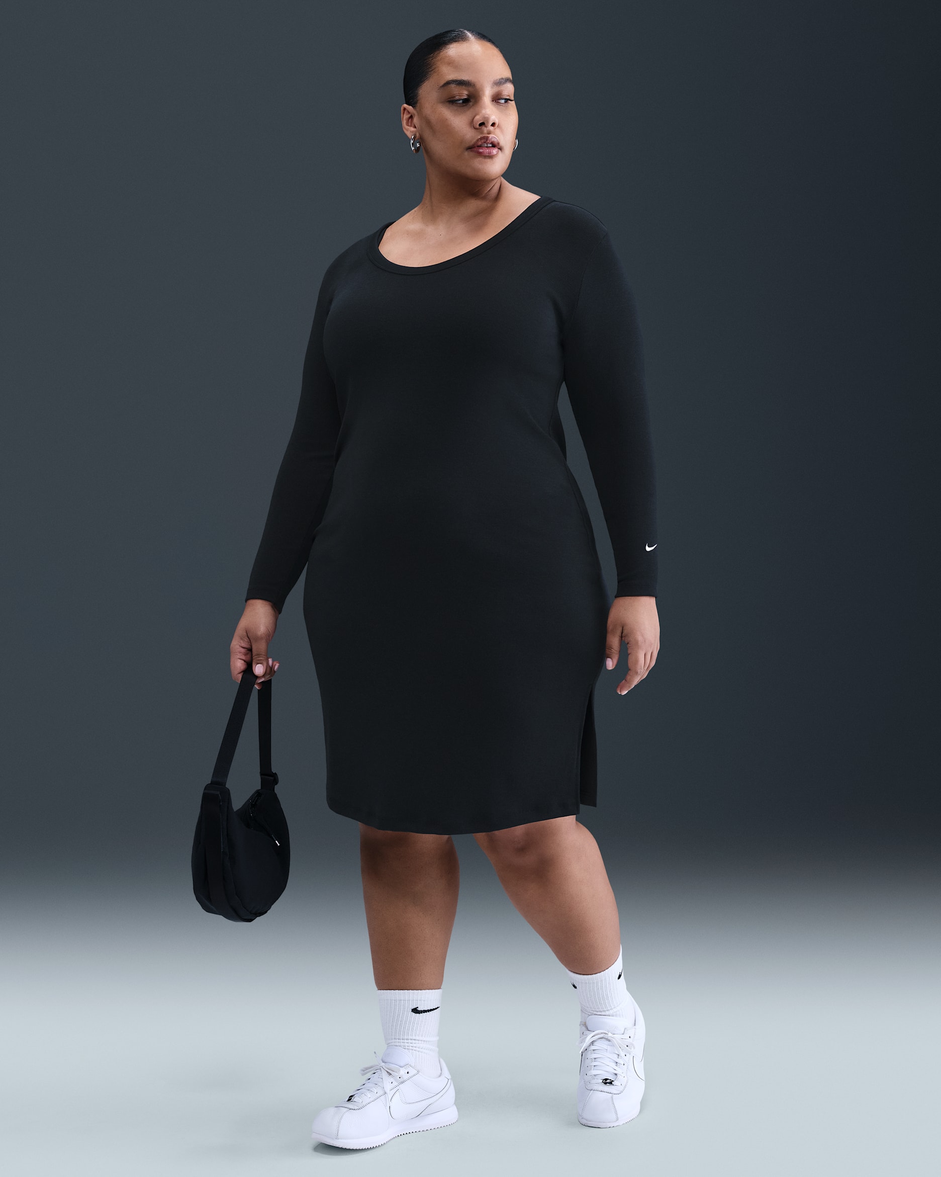 Nike Sportswear Chill Knit Women's Tight Long-Sleeve Midi Mini-Rib Dress (Plus Size) - Black/Sail