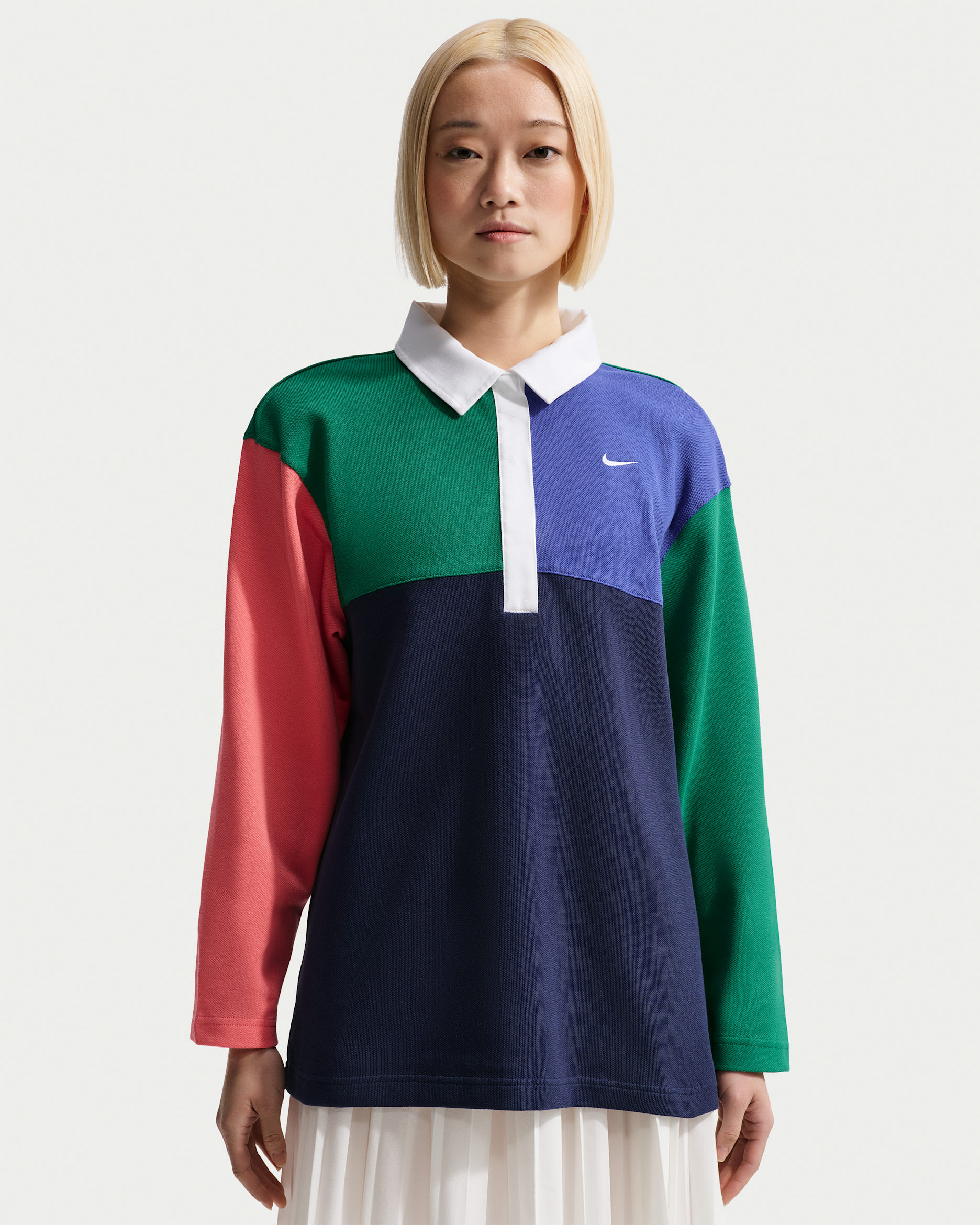 나이키 스포츠웨어 여성 오버사이즈 긴팔 폴로 - 말라카이트/미드나이트 네이비/씨 코랄/화이트