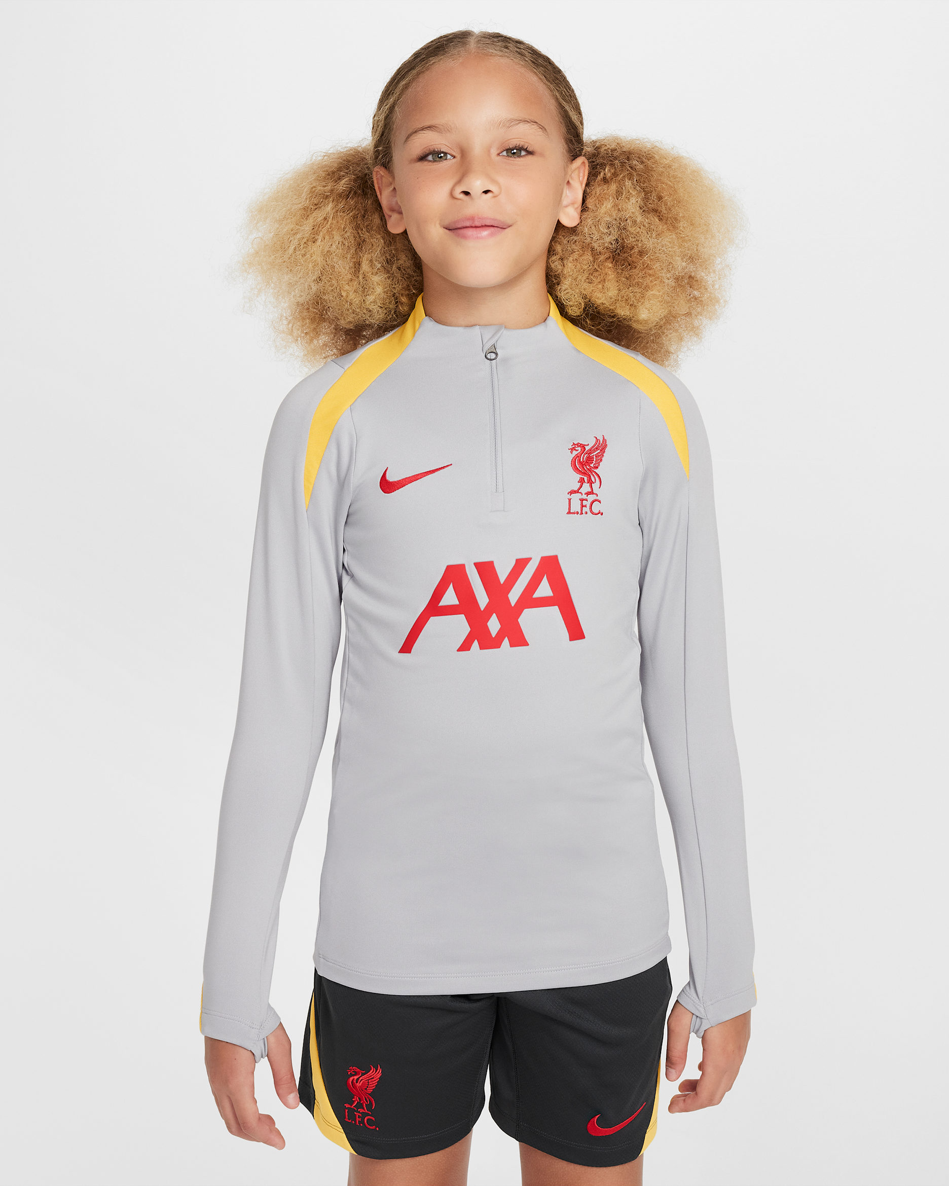 Treningowa koszulka piłkarska dla dużych dzieci Nike Dri-FIT Liverpool F.C. Strike (wersja trzecia) - Light Smoke Grey/Chrome Yellow/Global Red