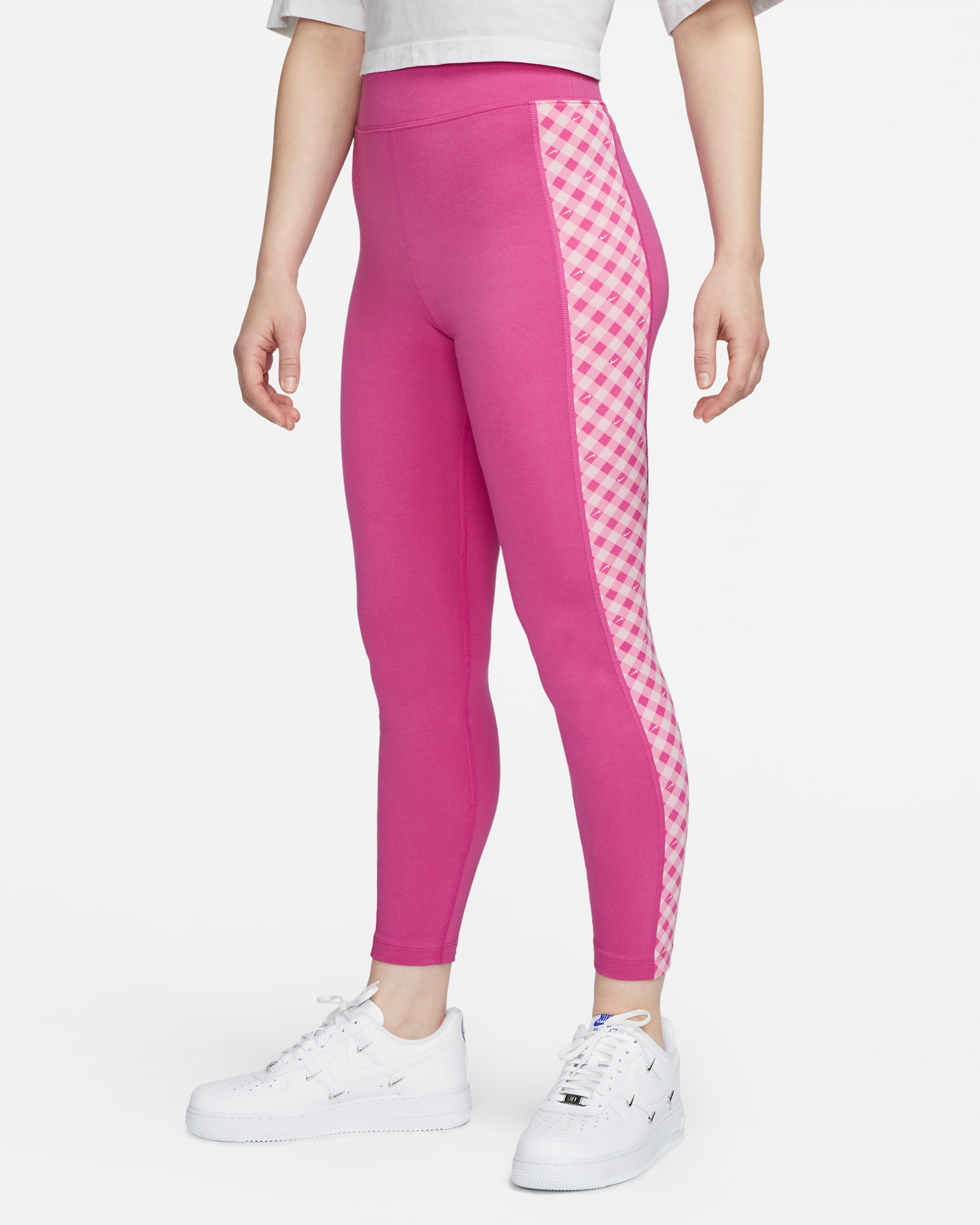 Nike Sportswear 女款高腰格紋九分內搭褲 - Active Fuchsia/白色