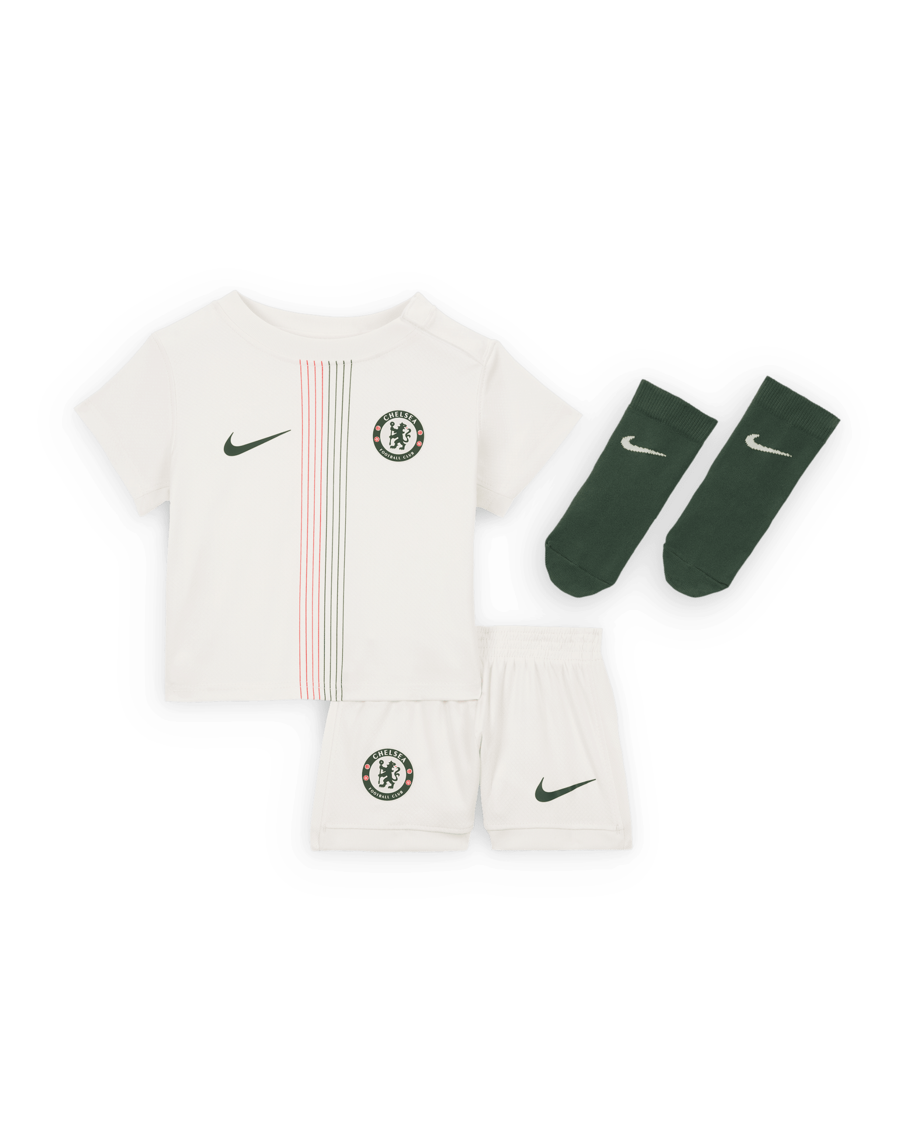 Chelsea FC 2025/26 Stadyum Deplasman Nike 3 Parça Bebek Futbol Taraftar Forması - Phantom/Speed Red/Galactic Jade/Galactic Jade
