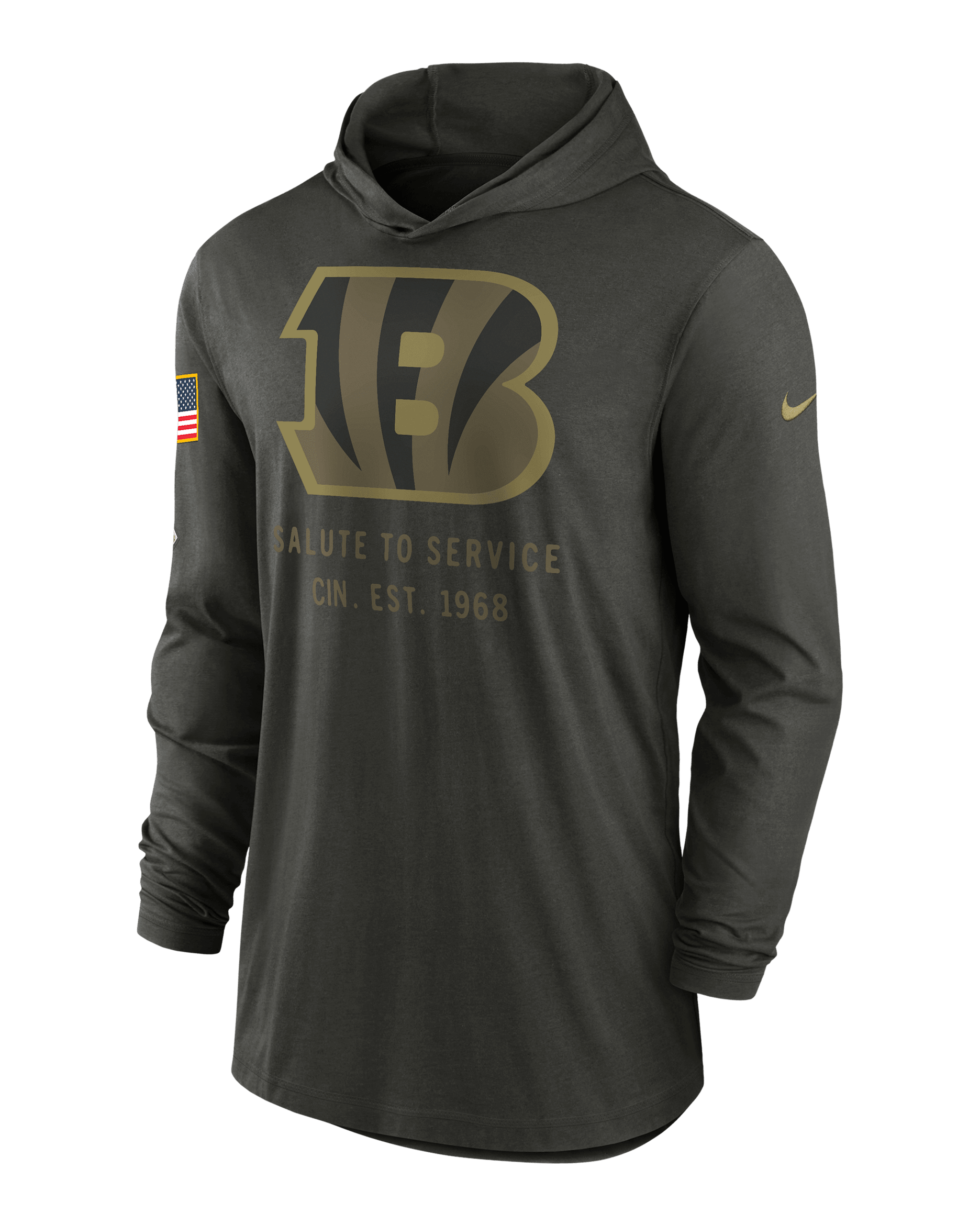 Playera de manga larga Nike Dri-FIT de la NFL con gorro para hombre Cincinnati Bengals Salute to Service Sideline - Verde bosque