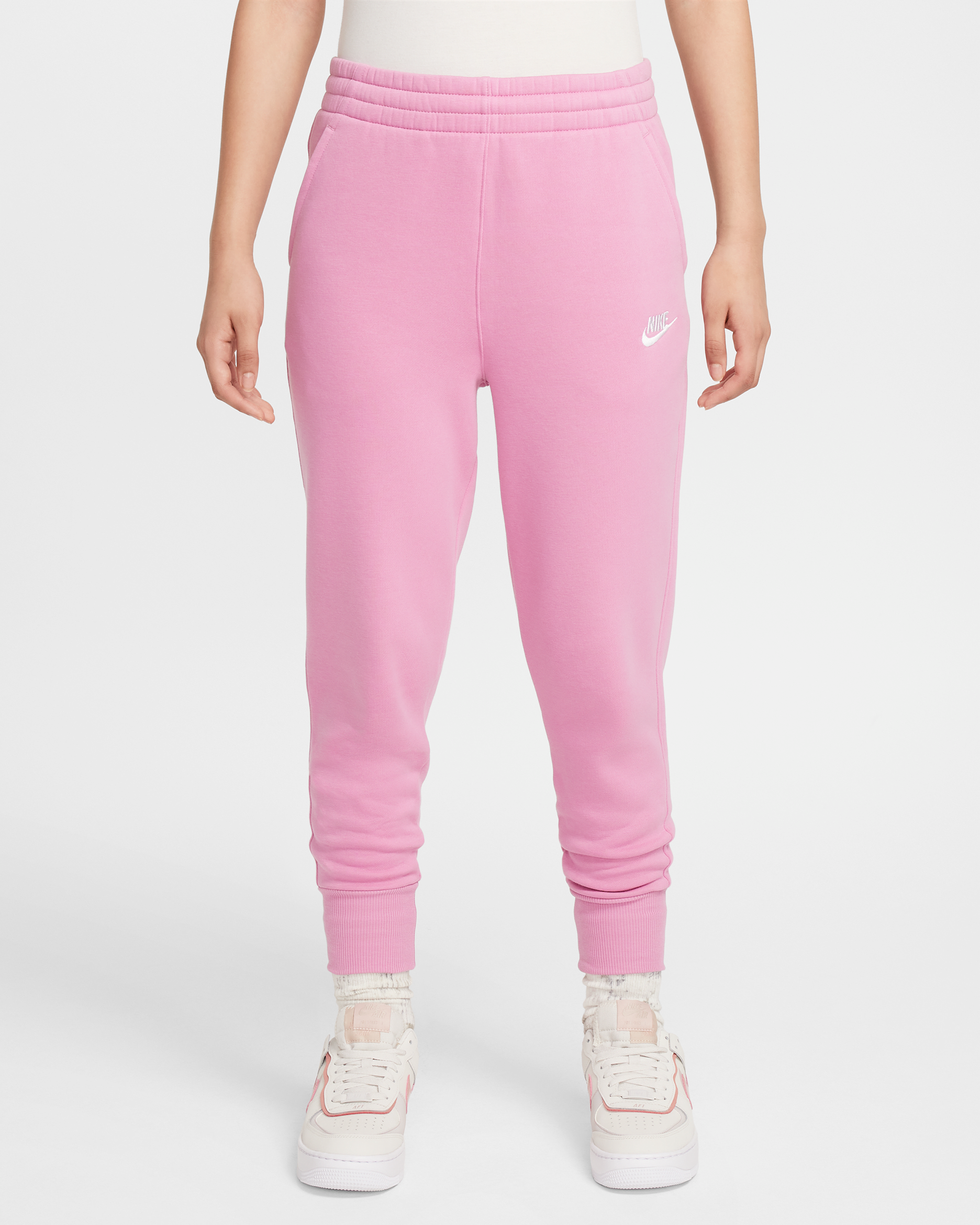 Ψηλόμεσο εφαρμοστό παντελόνι Nike Sportswear Club Fleece για μεγάλα κορίτσια - Magic Flamingo/Magic Flamingo/Λευκό