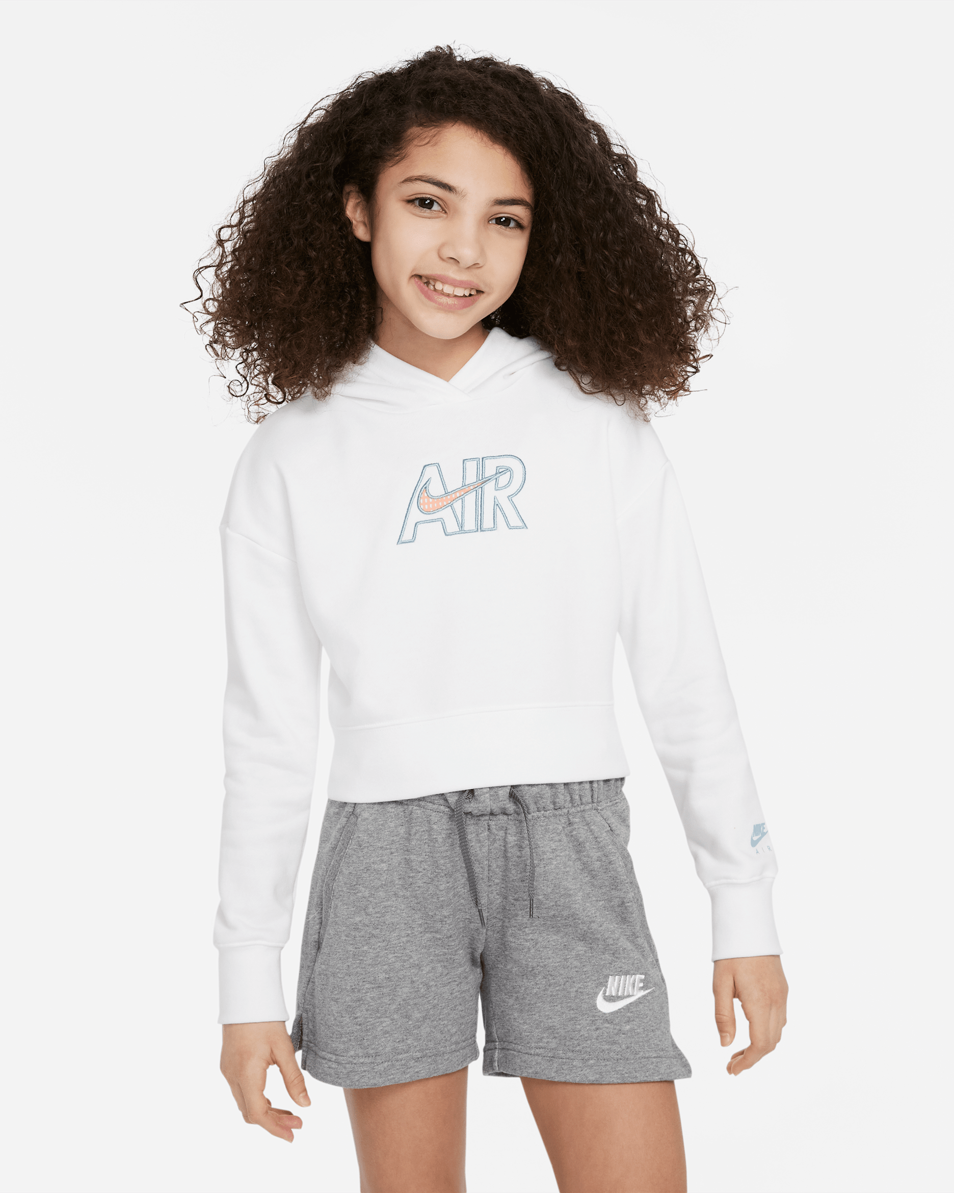 Nike Air Older Kids' (Girls') French Terry Crop Hoodie - White/Crimson Bliss/Worn Blue