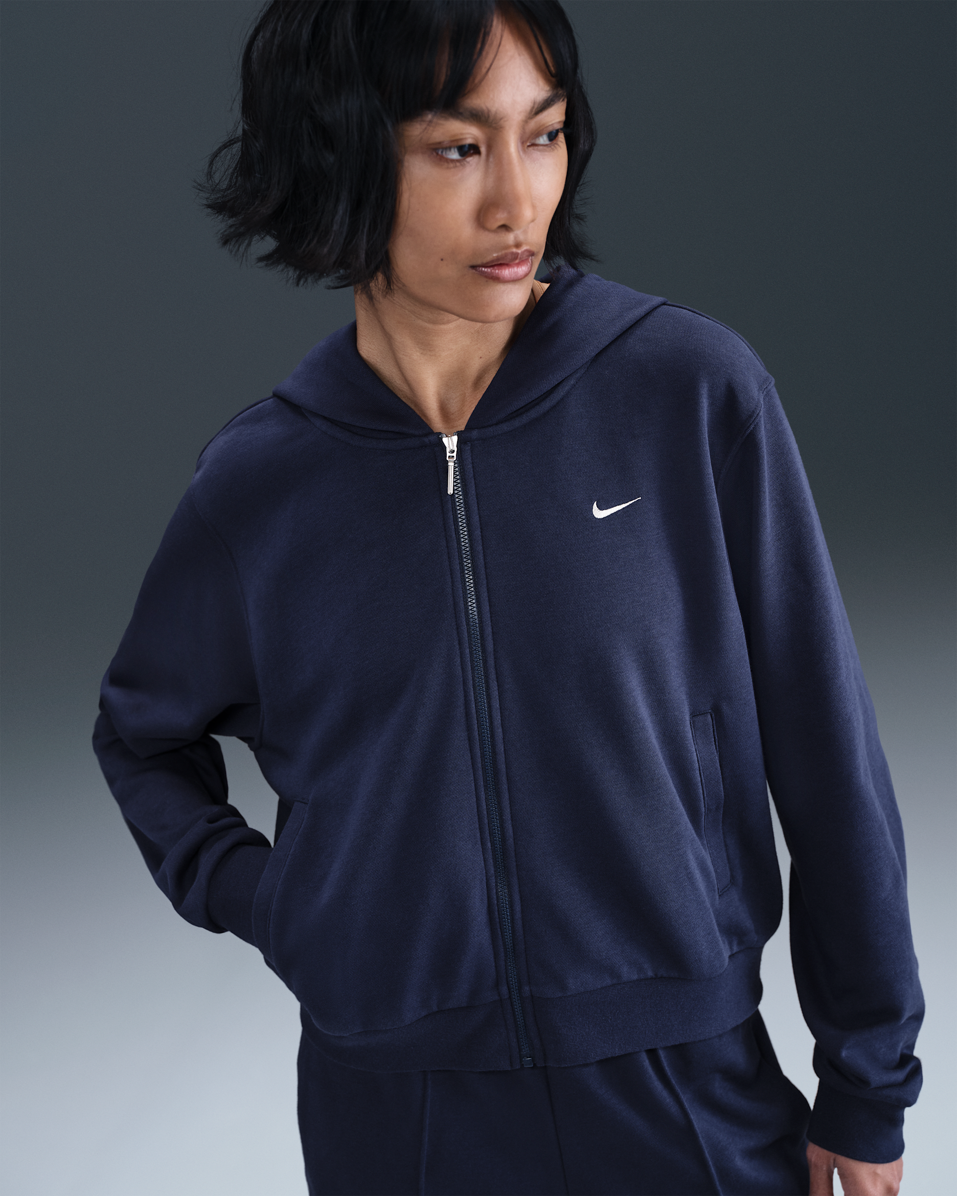 Dámská volná mikina Nike Sportswear Chill Terry z francouzského froté s kapucí a zipem po celé délce - Midnight Navy/Sail
