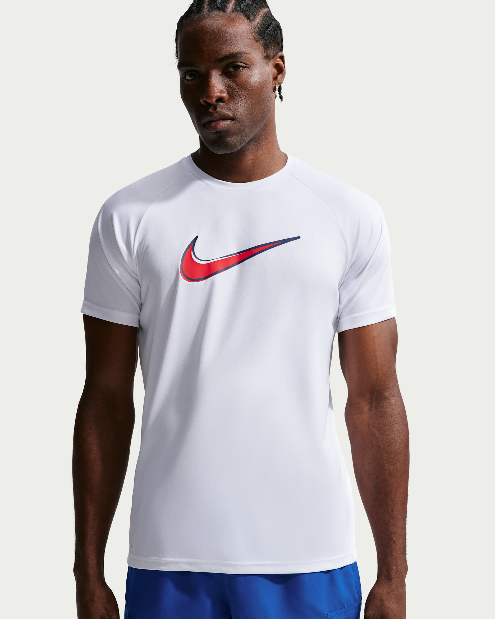 나이키 스윔 하이드로가드 남성 드라이 핏 UV 반팔 탑 - 화이트/포톤 더스트/레드/미드나이트 네이비