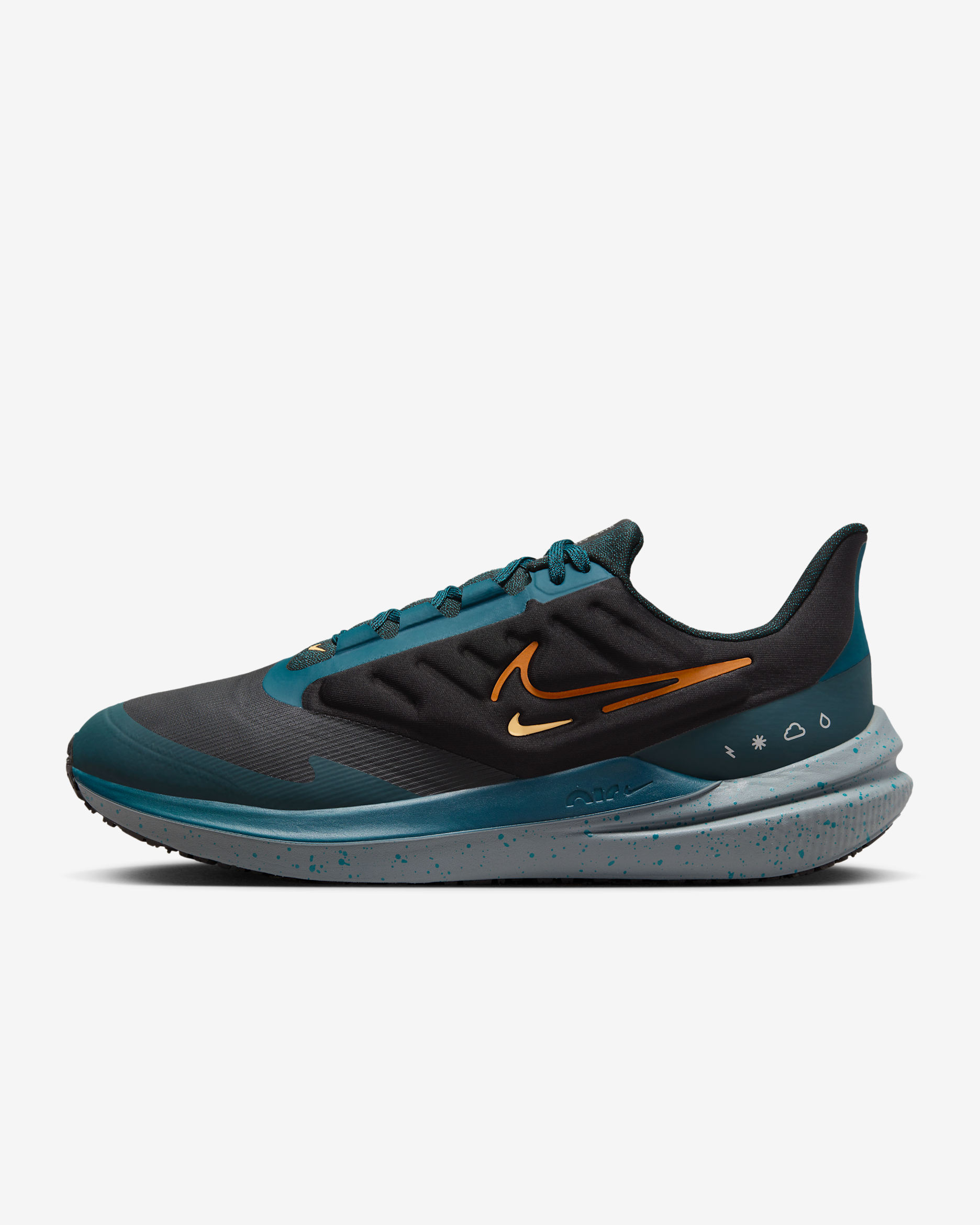 Tenis de correr en carretera acondicionados para los distintos estados del tiempo para hombre Nike Winflo 9 Shield - Negro/Azul verdoso geoda/Jungla intenso/Naranja seguridad