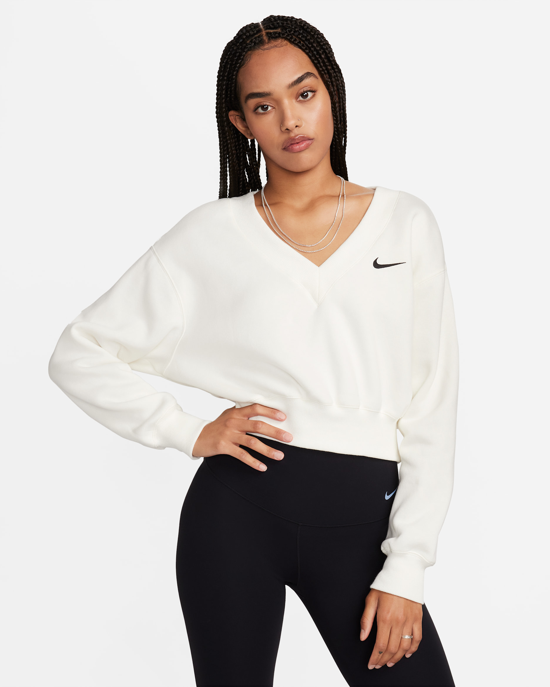 Sudadera cropped de cuello en V para mujer Nike Sportswear Phoenix Fleece - Vela/Negro