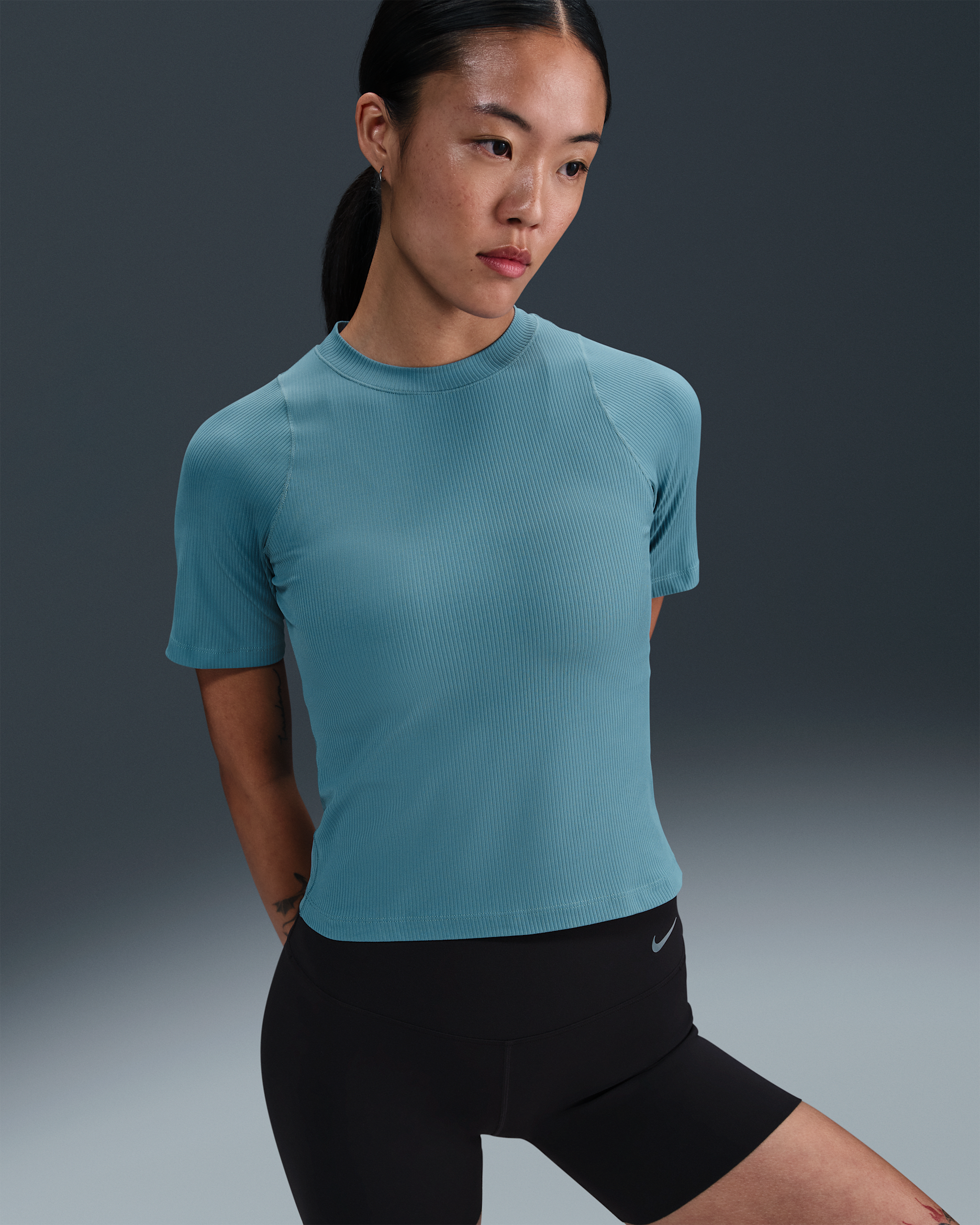 ナイキ ゼンビー リブ ウィメンズ Dri-FIT ショートスリーブ トップ - スモーキーブルー/ホワイト