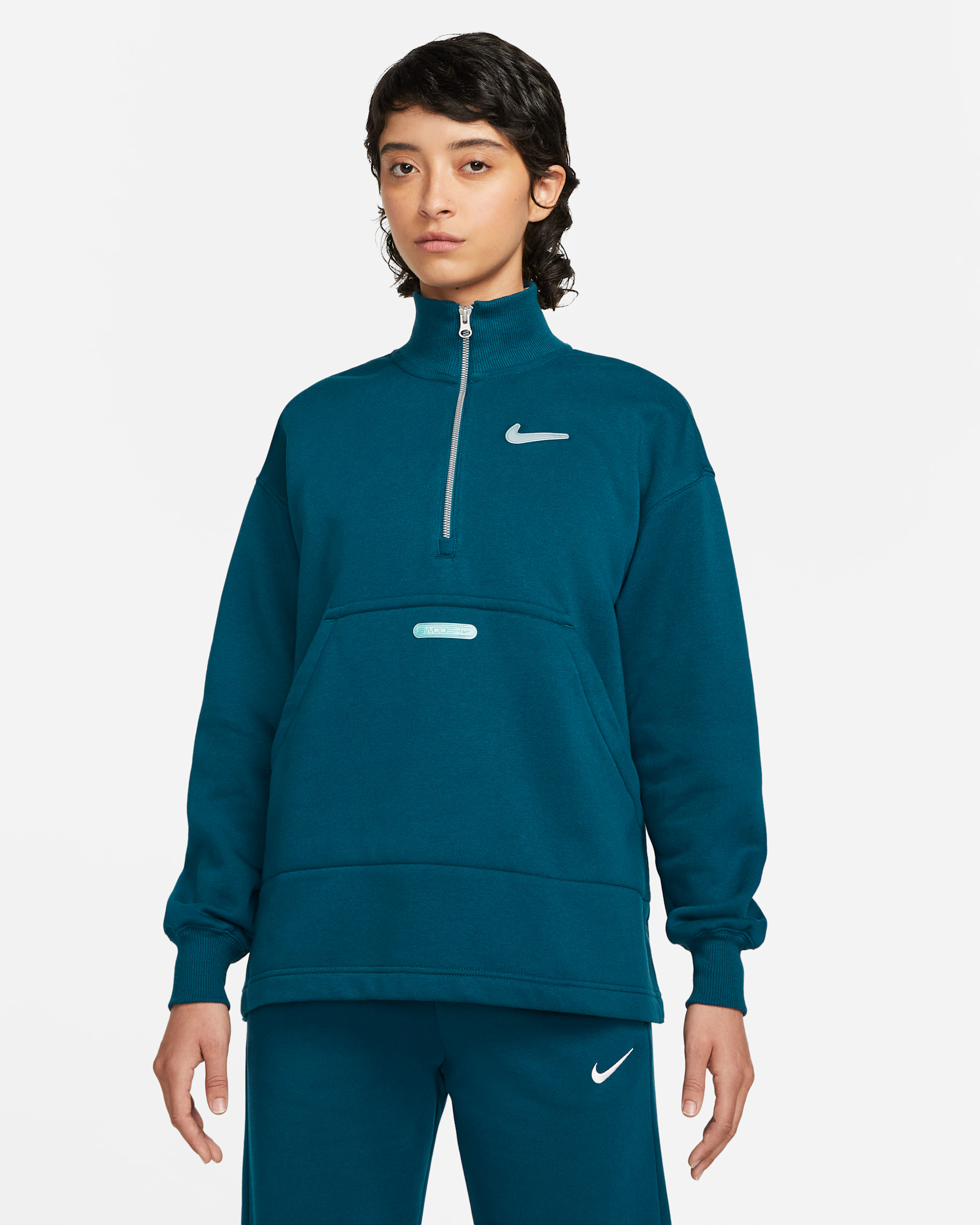 Sudadera con cierre de 1/4 de tejido Fleece para mujer Nike Sportswear Swoosh - Azul valeriana/Espuma menta