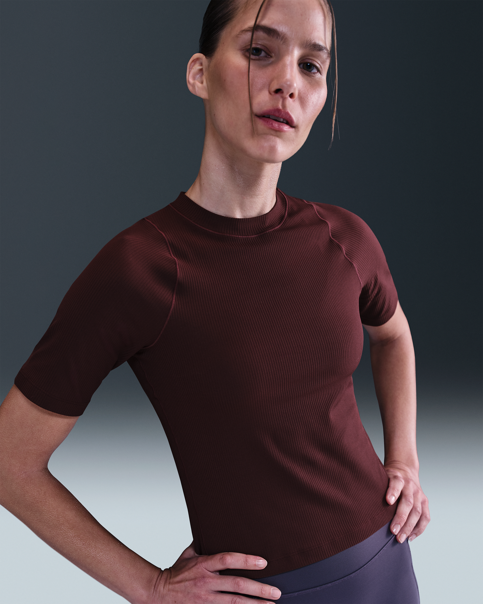 Nike Zenvy Rib Women's Dri-FIT Short-Sleeve Top - Burgundy Crush/White