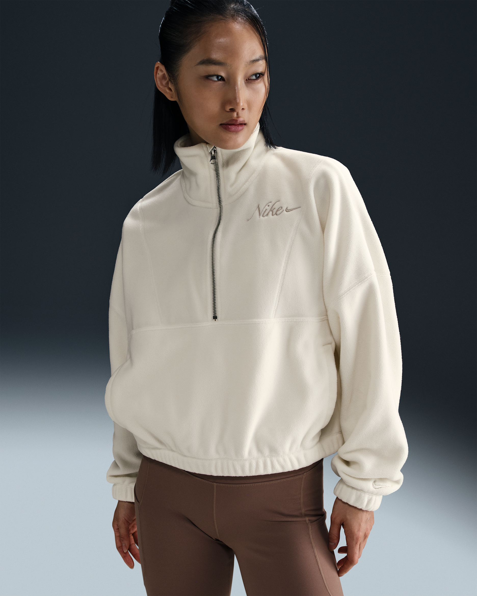 Nike One Women's Therma-FIT Oversized 1/2-Zip Fleece Top - Sail/Light Orewood Brown