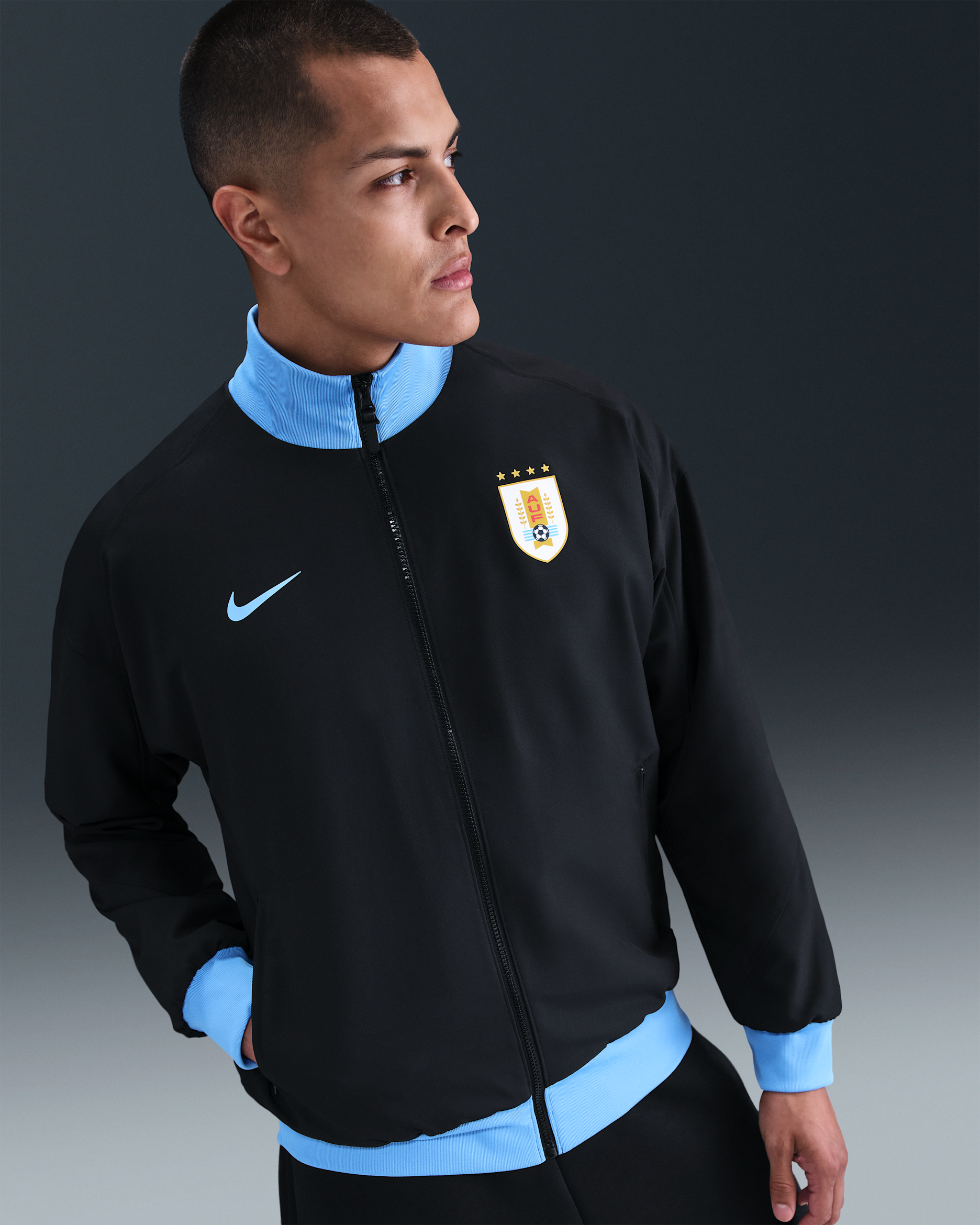 Chamarra Anthem de fútbol Nike Dri-FIT para hombre Uruguay Strike - Negro/Azul universitario/Azul universitario