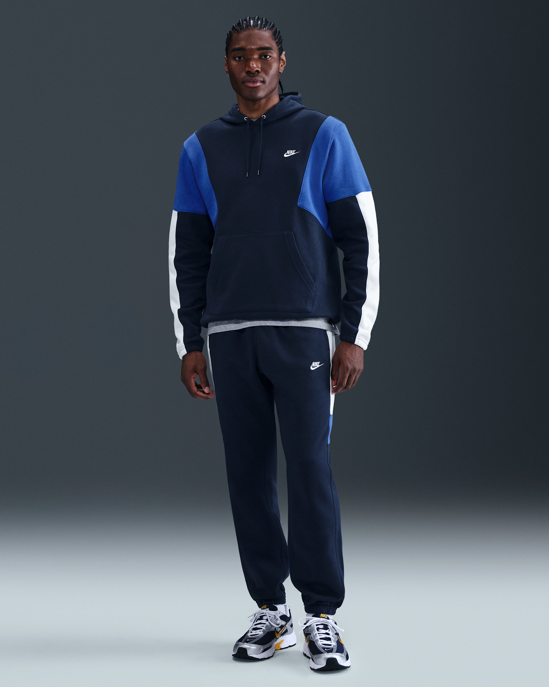 Fato de treino de lã cardada com capuz Nike Sportswear Club para homem - Obsidian/Branco/Game Royal/Branco