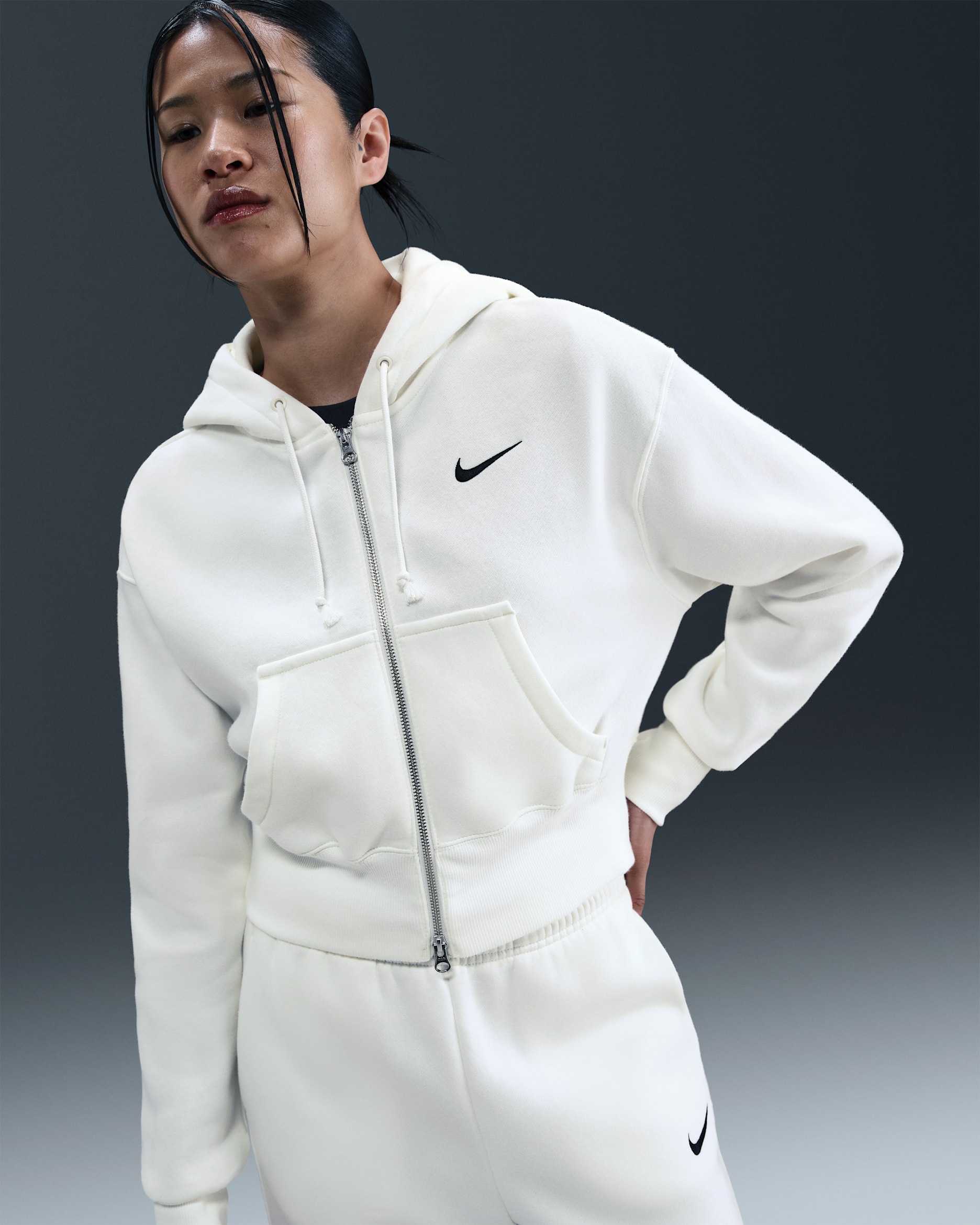 Nike Sportswear Phoenix Fleece Women's Loose Full-Zip Cropped Hoodie - Sail/Black