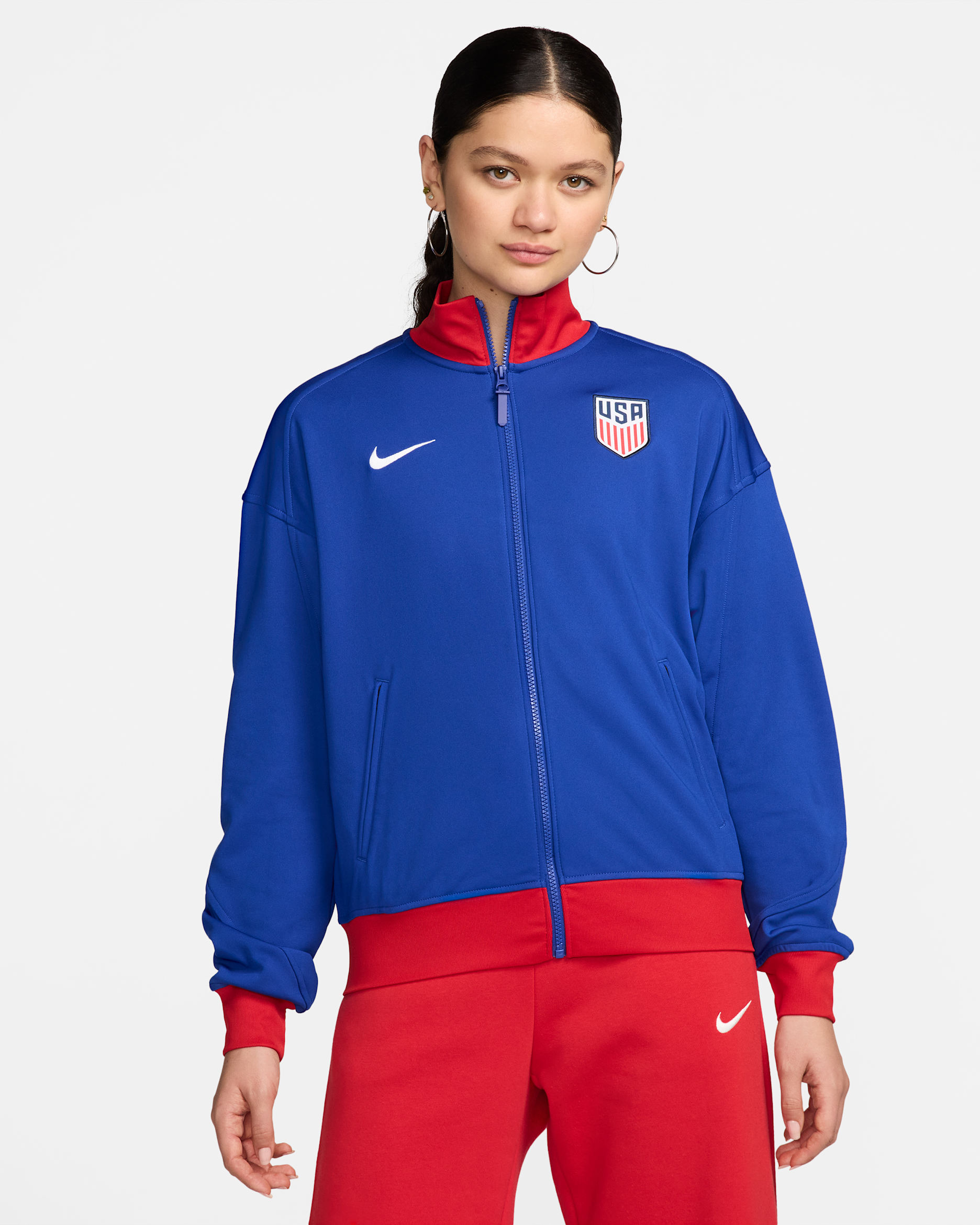 Chamarra de fútbol Nike Dri-FIT Anthem para mujer USMNT Academy Pro - Azul eléctrico/Rojo deportivo/Blanco