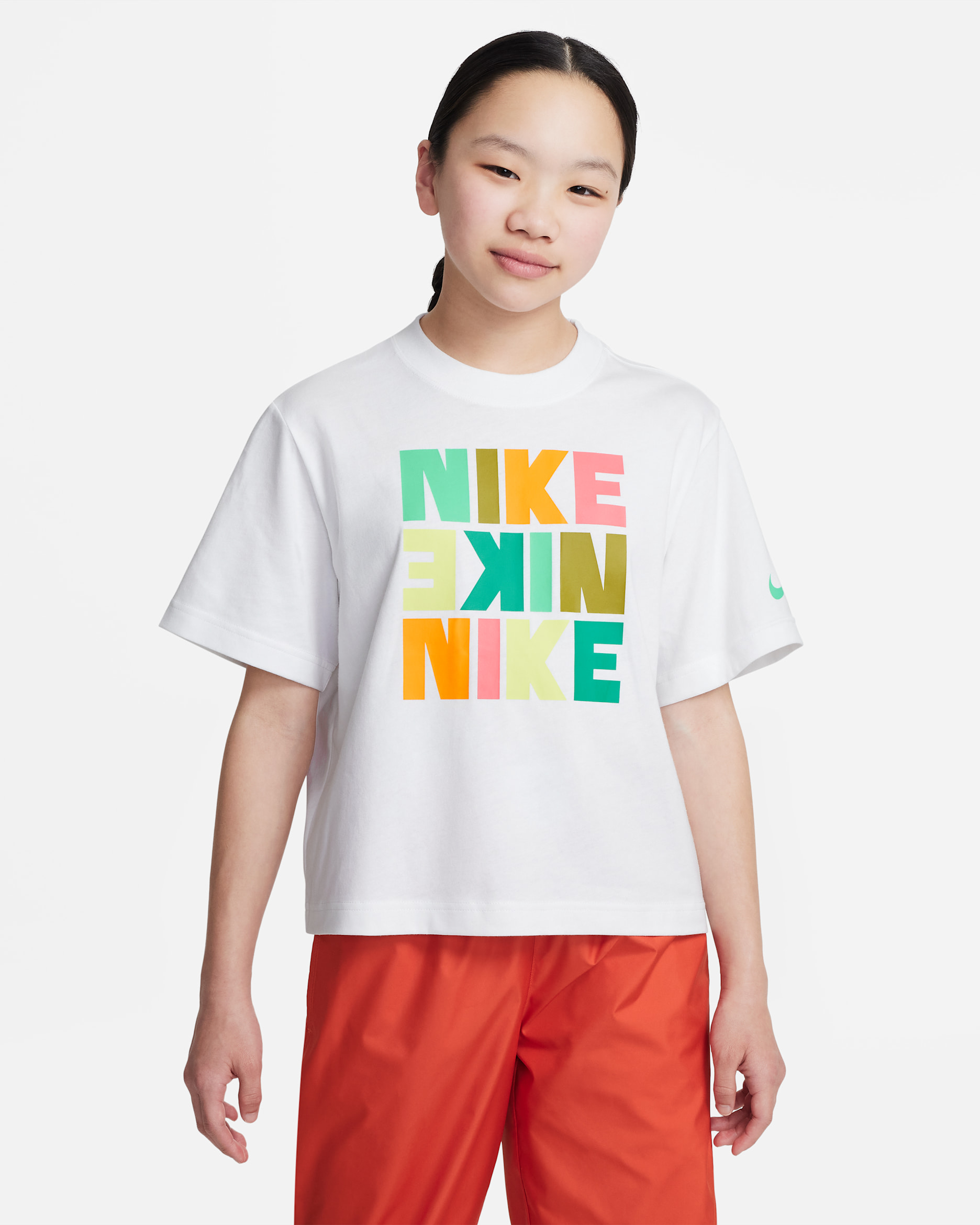 Nike Sportswear Older Kids' (Girls') T-Shirt - White/Moss/Vivid Orange/Electric Algae
