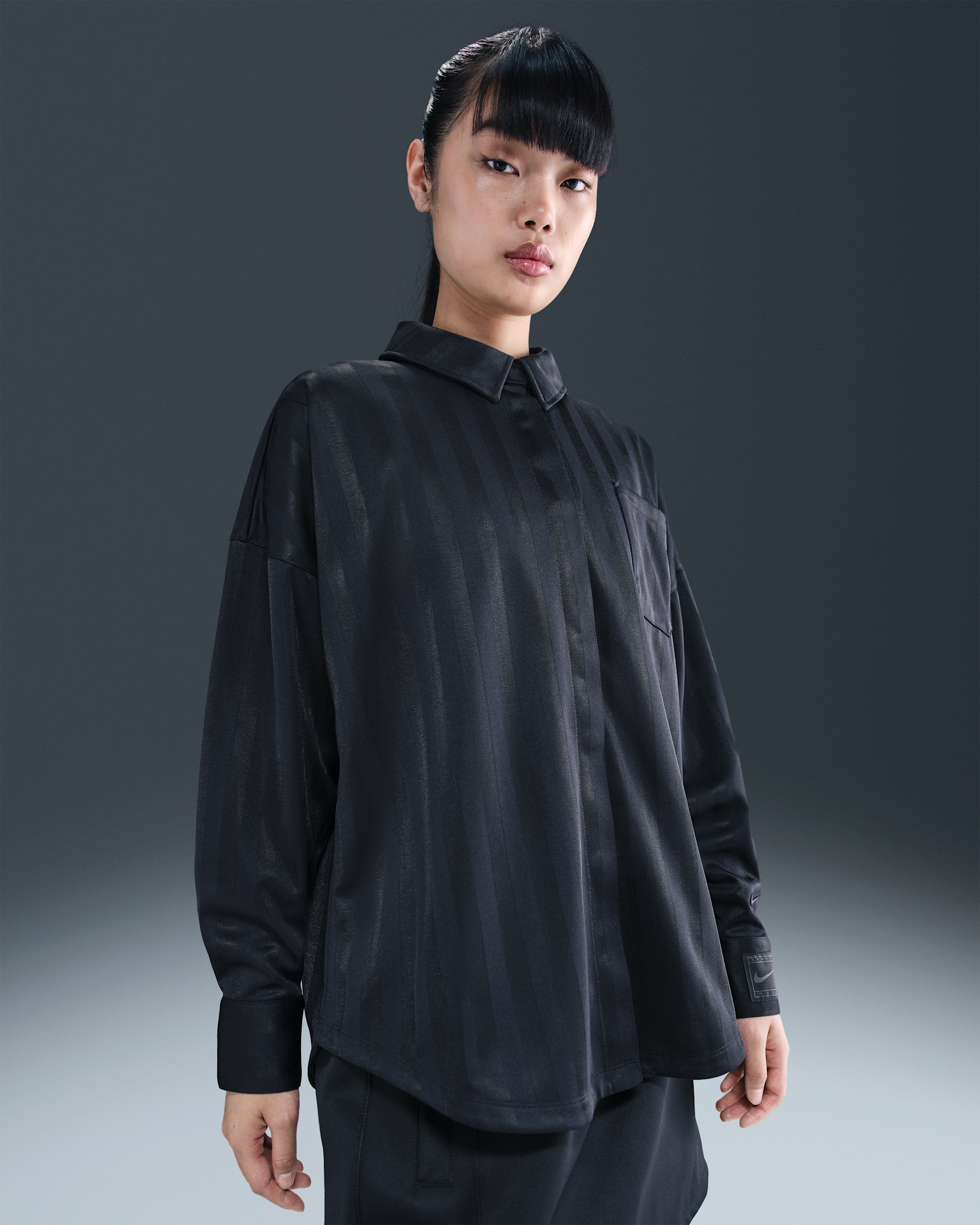 Nike Sportswear 女款寬版緹花條紋排扣上衣 - 黑色/黑色