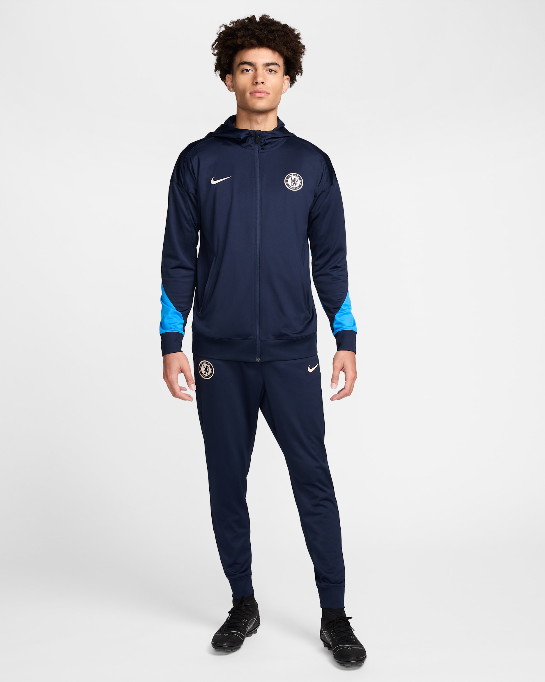 Chelsea F.C. Strike Men's Nike Dri-FIT Football Hooded Knit Tracksuit - Obsidian/Light Photo Blue/Guava Ice