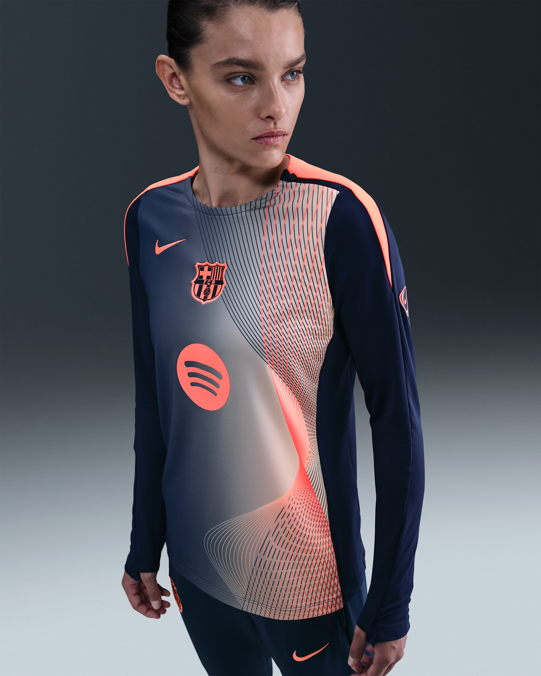 F.C. Barcelona Strike Third Women's Nike Dri-FIT Total 90 Football Pre-Match Crew-Neck Top - Midnight Navy/Bright Mango