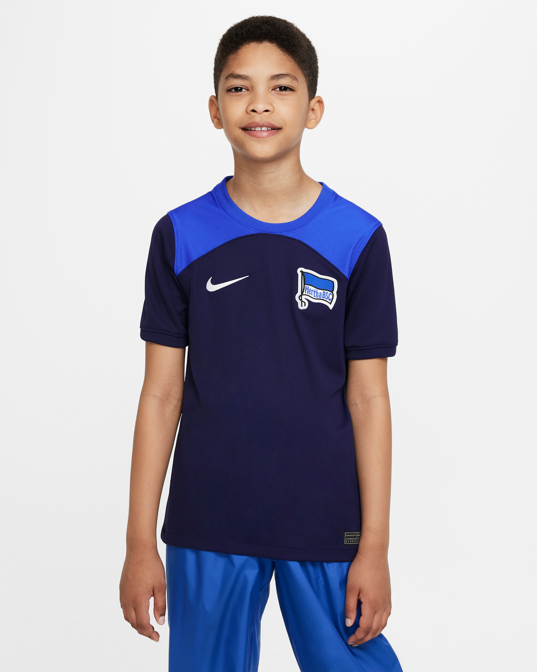 Maglia da calcio Nike Dri-FIT Hertha BSC 2022/23 Stadium per ragazzi – Away - Blackened Blue/Hyper Royal/Bianco