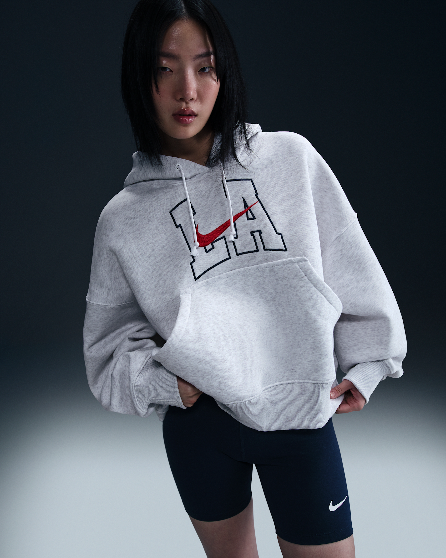 Sudadera con gorro oversized para mujer Nike Sportswear Phoenix Fleece - Abedul jaspeado/Rojo universitario/Azul marino medianoche