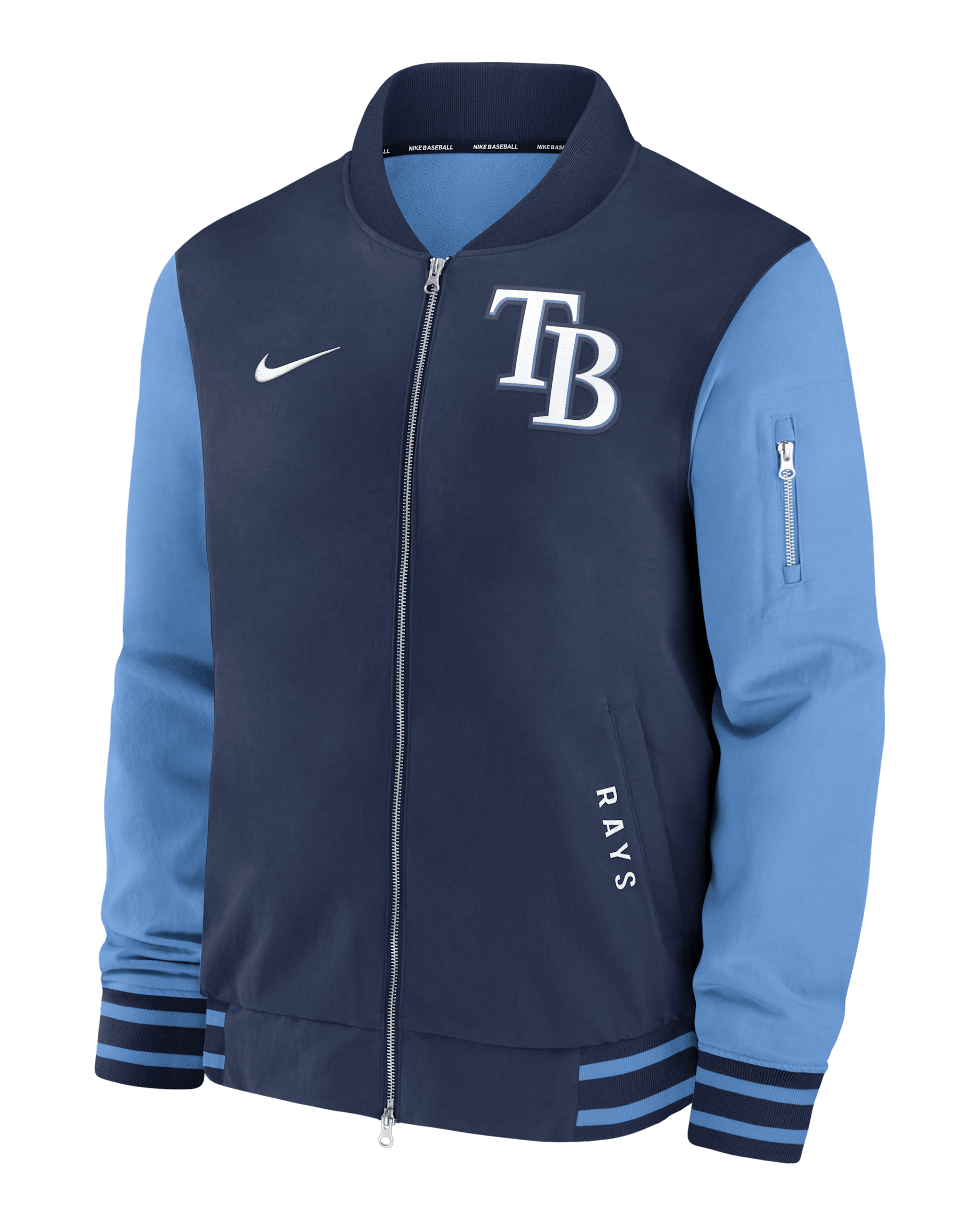 Chamarra bomber Nike de la MLB de cierre completo para hombre Tampa Bay Rays Authentic Collection Dugout - Azul marino medianoche