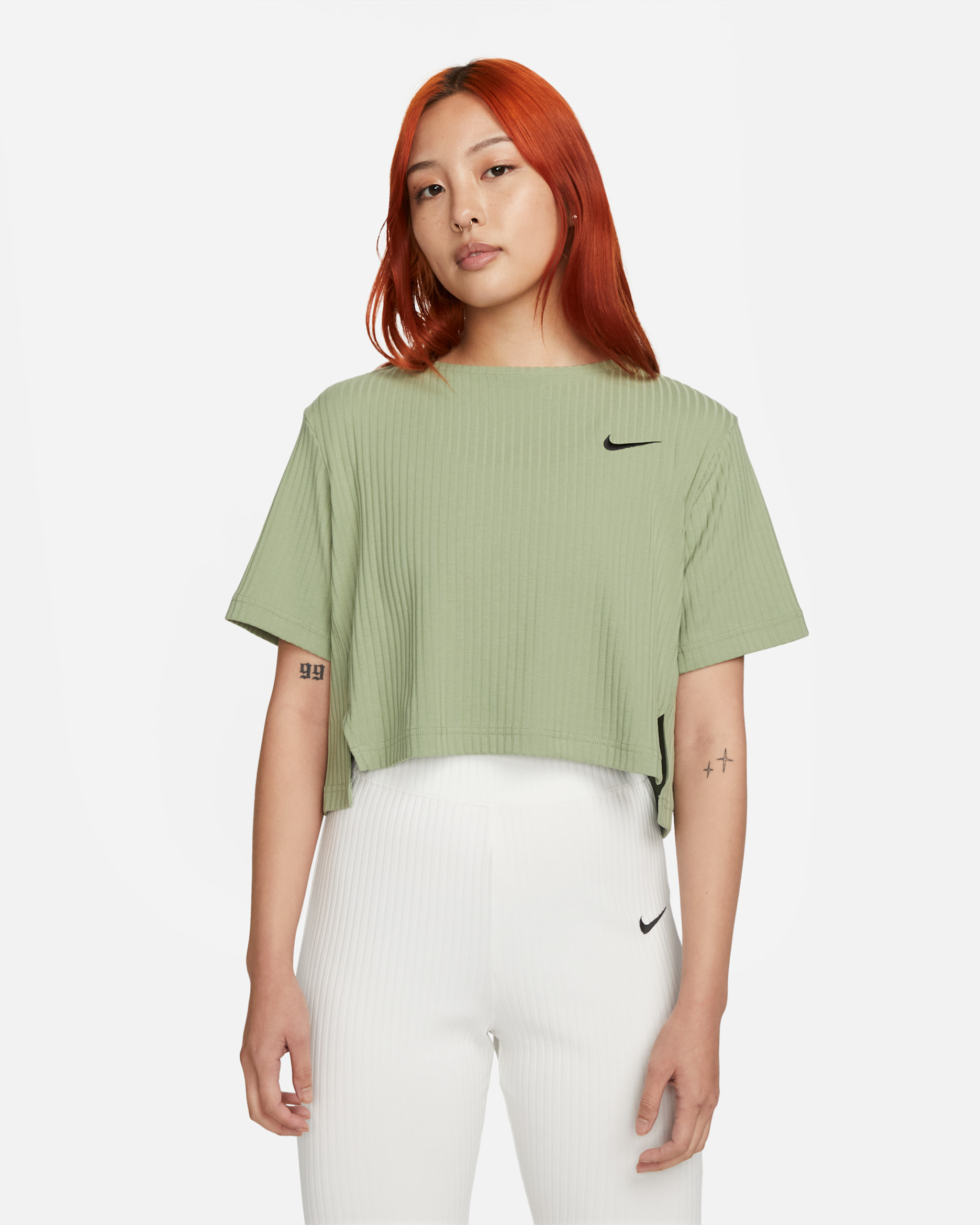 Nike Sportswear 女款羅紋針織短袖上衣 - Oil Green/黑色
