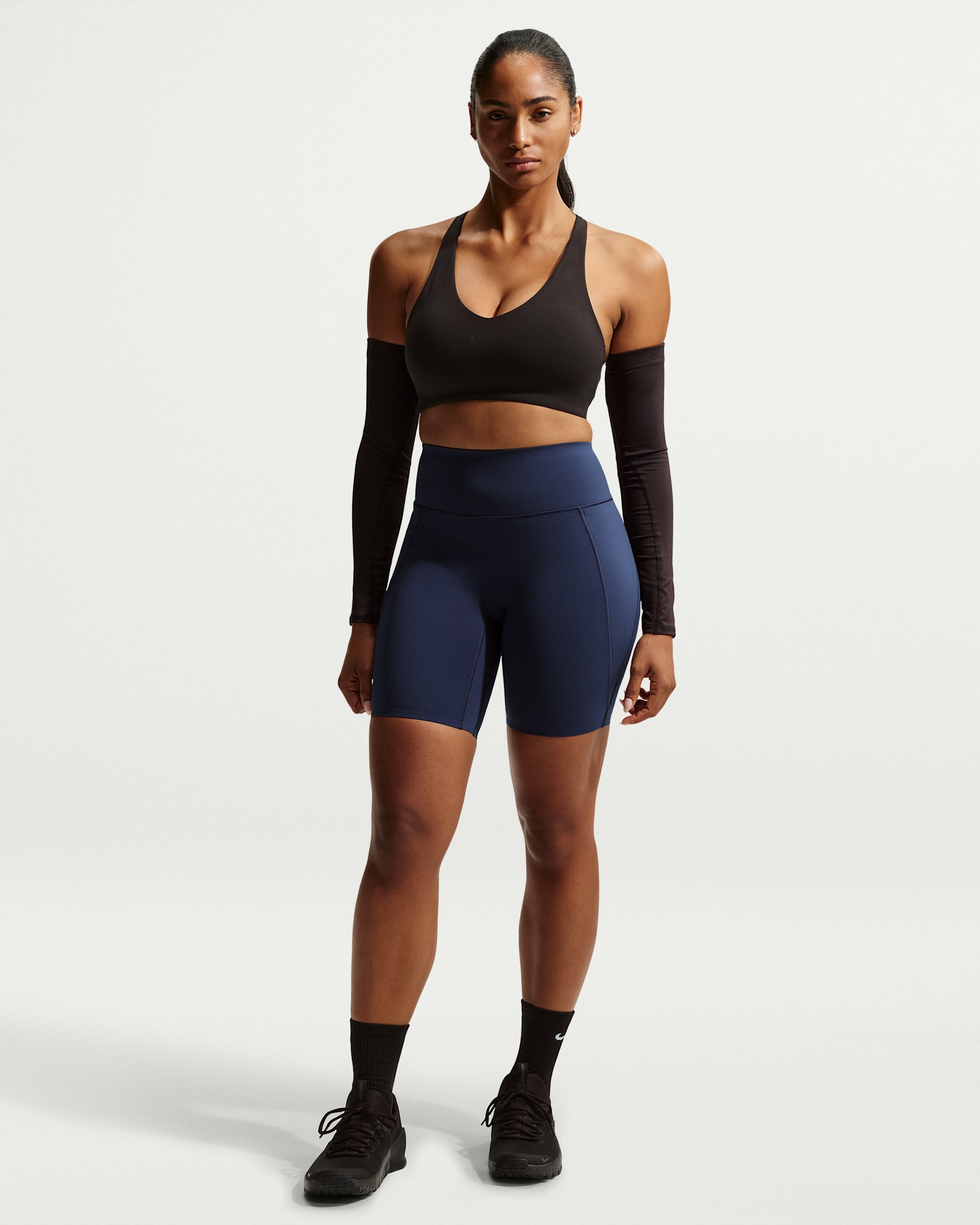 Nike Universa Women's High-Waisted 8" Biker Shorts with No Front Seam - Midnight Navy/Midnight Navy/Dark Obsidian