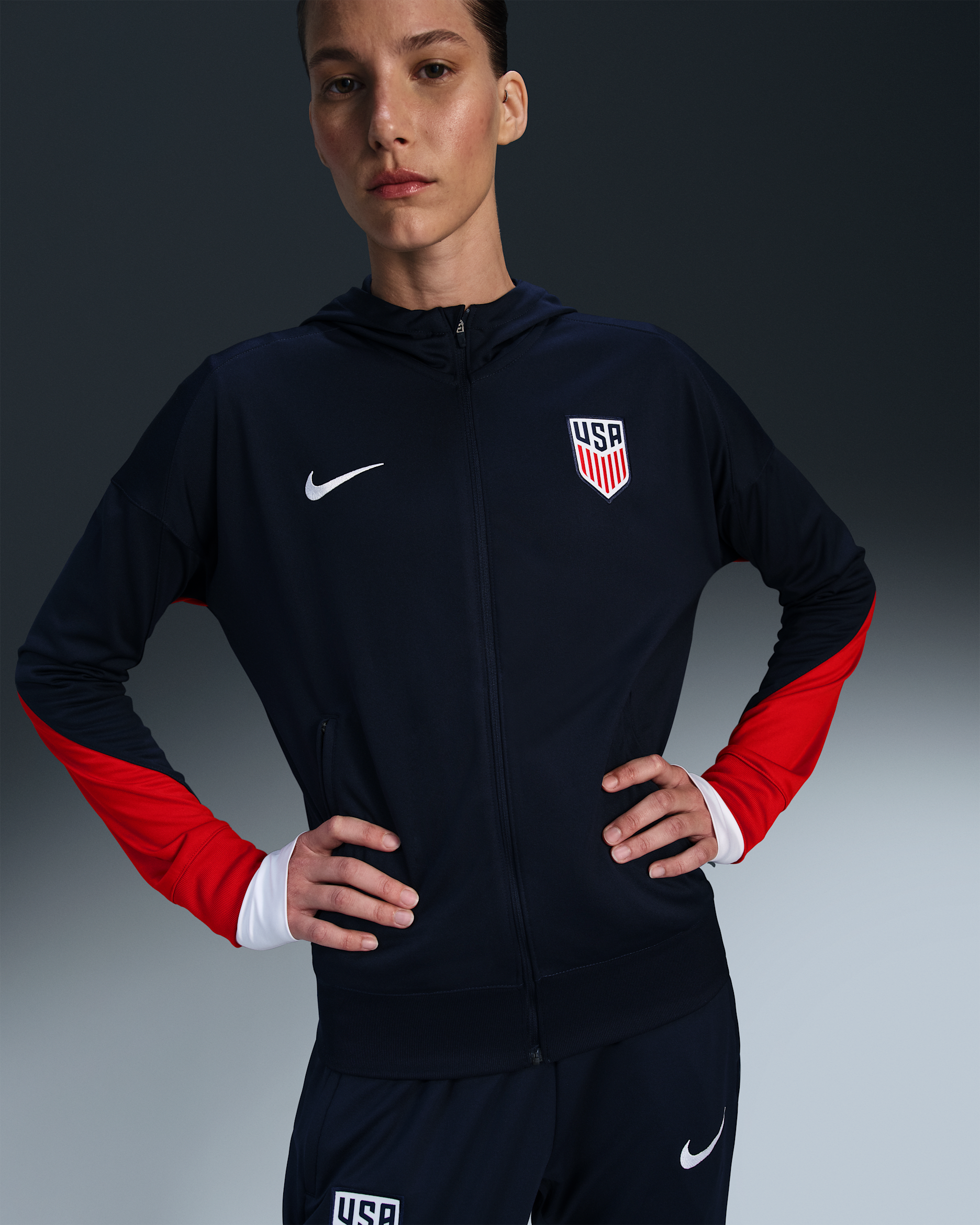 USMNT Strike Women's Nike Dri-FIT Soccer Hooded Track Jacket - Obsidian/Sport Red/White
