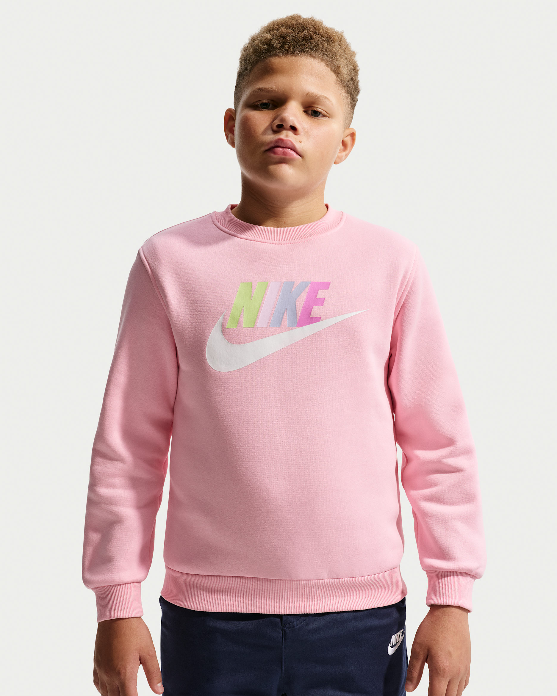 Nike Sportswear Club Fleece Big Kids' Sweatshirt (Extended Size) - Medium Soft Pink/Light Liquid Lime