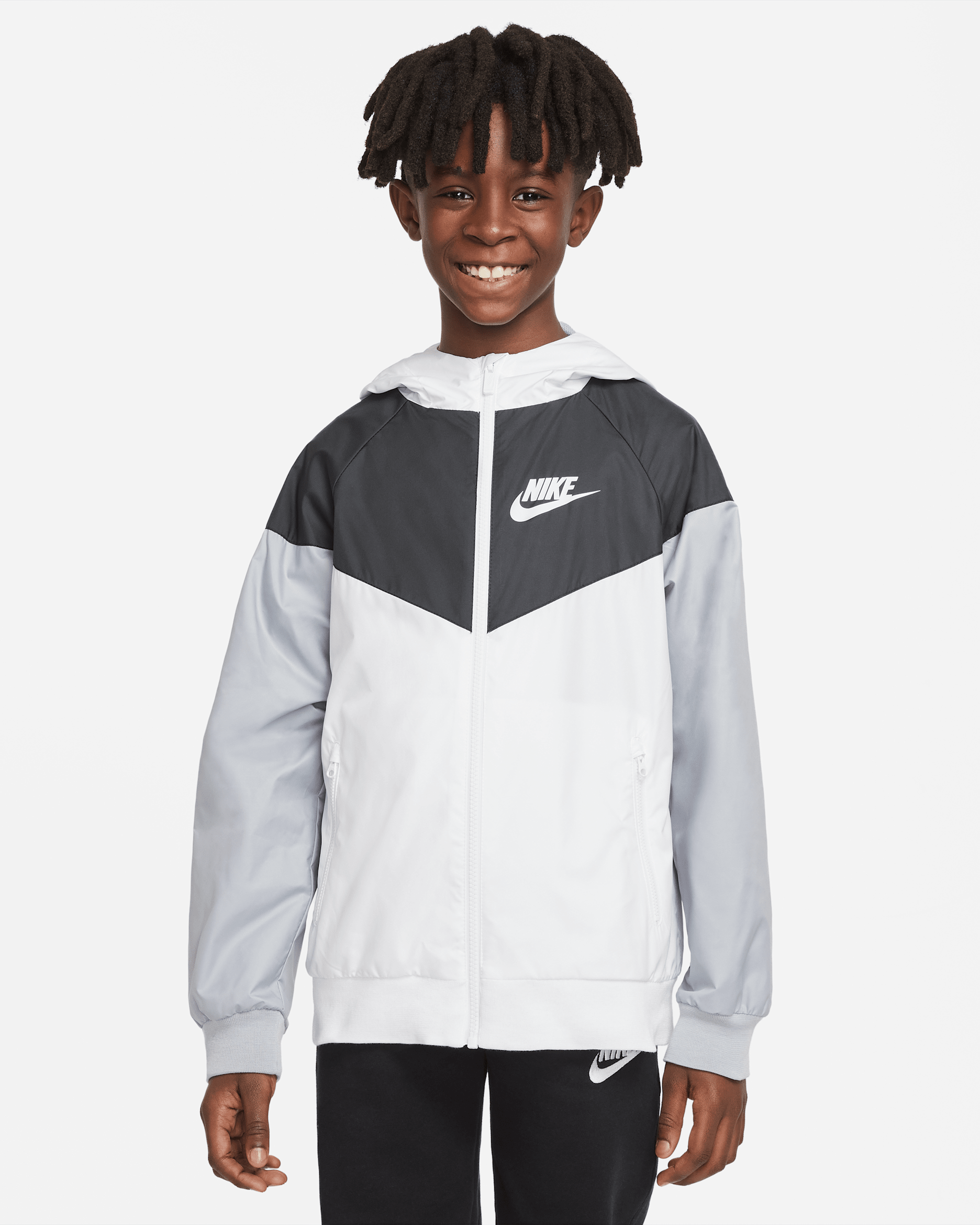 Nike Sportswear Windrunner Big Kids' (Boys') Loose Hip-Length Hooded Jacket - White/Black/Wolf Grey/White