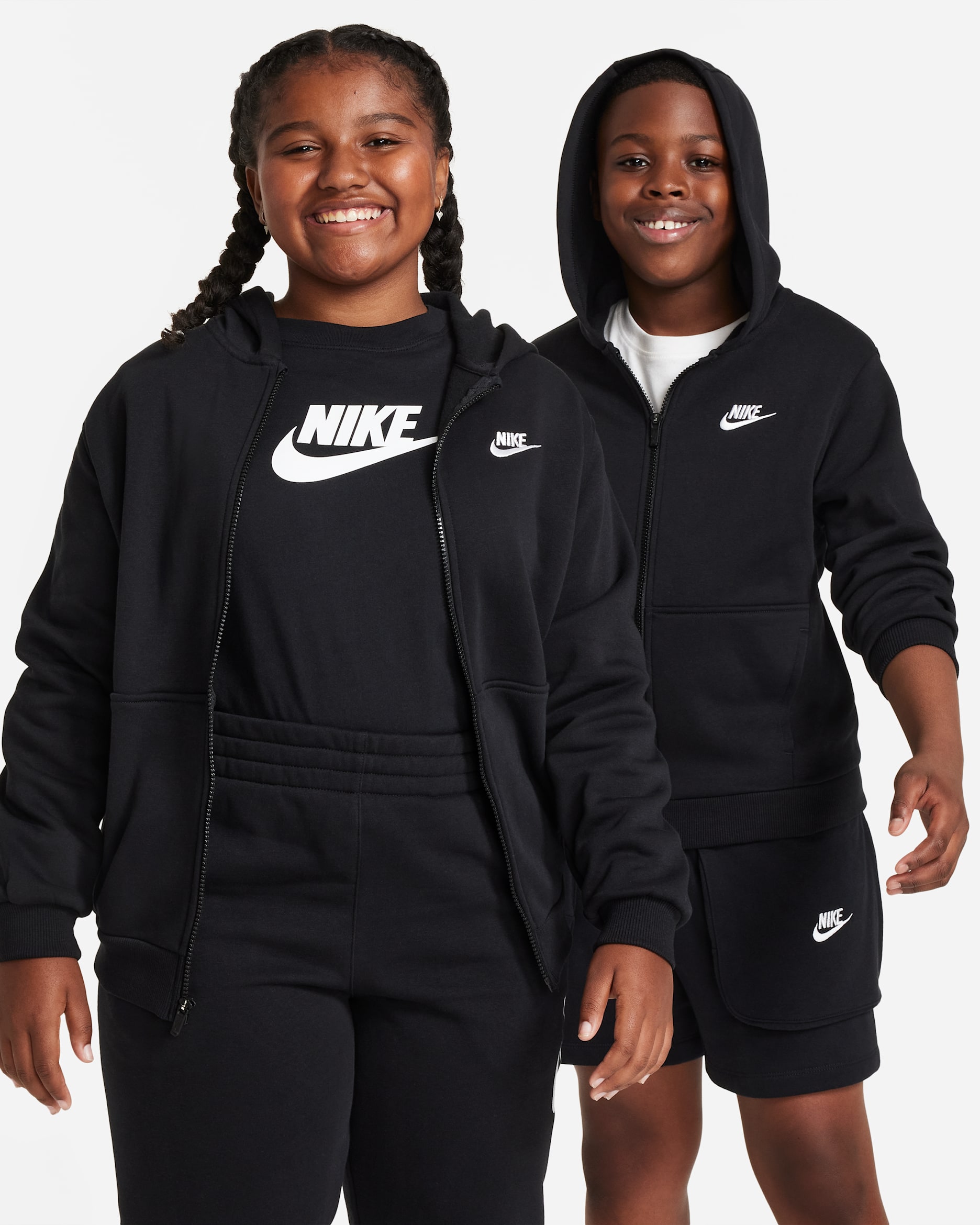 Nike Sportswear Club Fleece Big Kids' Full-Zip Hoodie (Extended Size) - Black/White