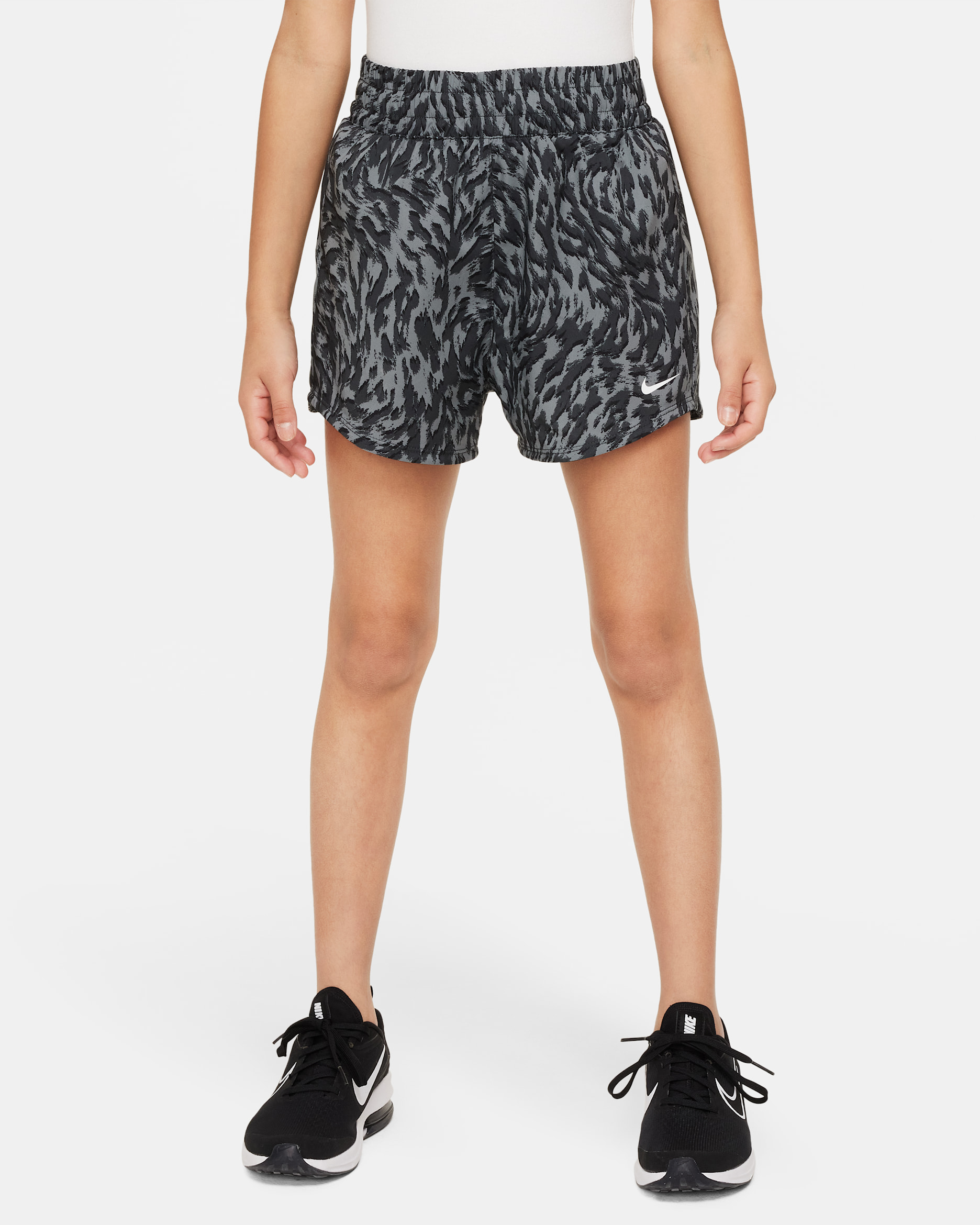 Nike One Big Kids' (Girls') Woven High-Waisted Shorts - Smoke Grey/Dark Smoke Grey/White