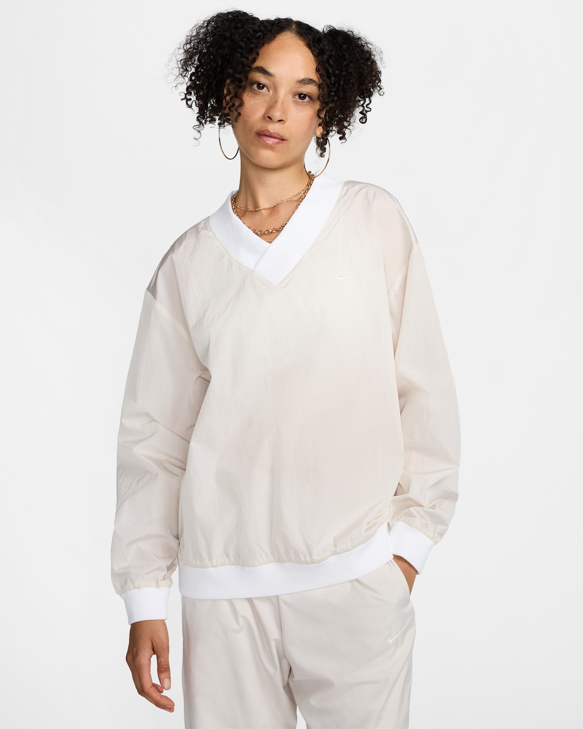 Nike Sportswear Essential Women's Loose UV Woven Long-Sleeve V-Neck Top - Light Orewood Brown/White