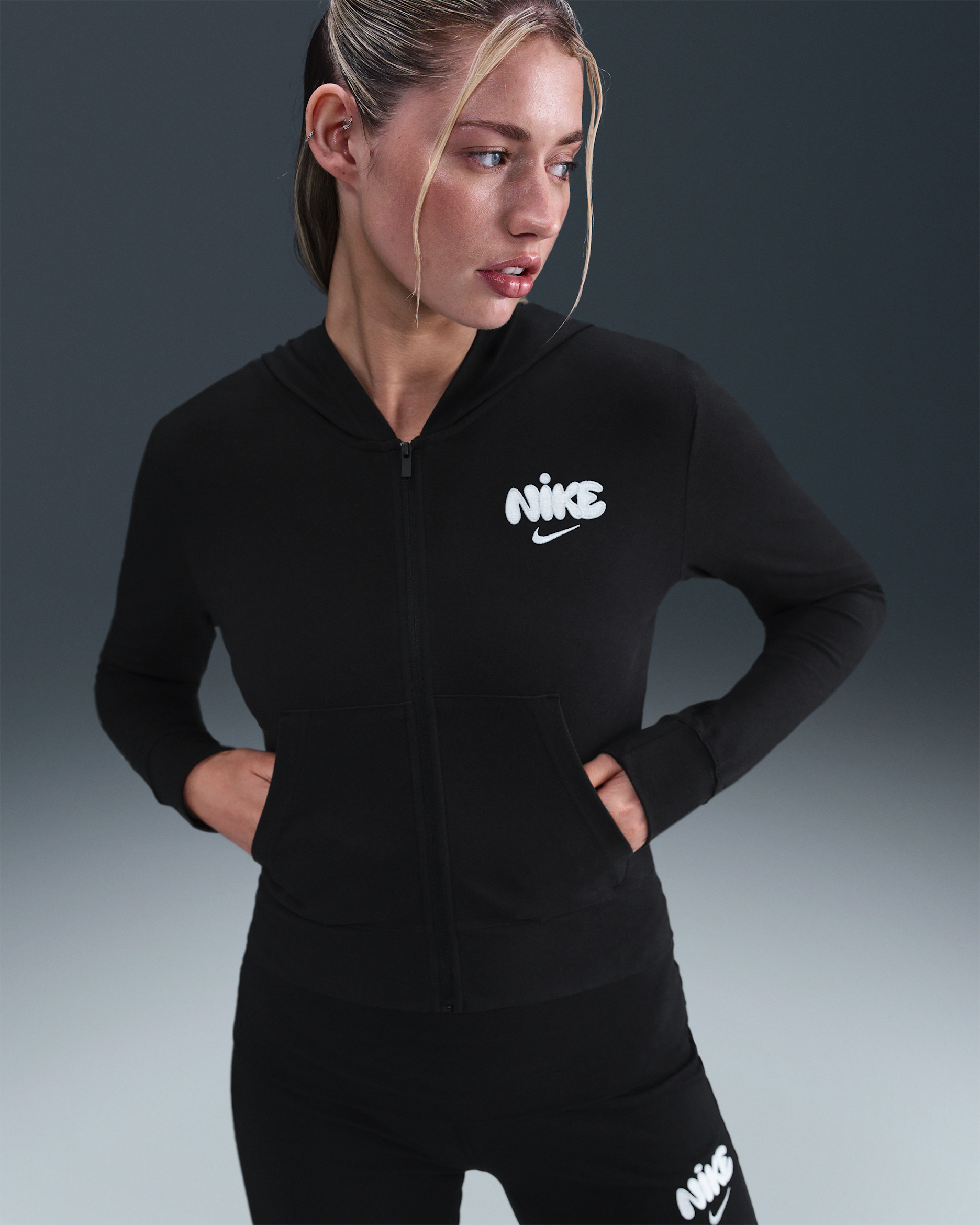 Nike Sportswear Women's Full-Zip Hooded Long-Sleeve Top - Black/White
