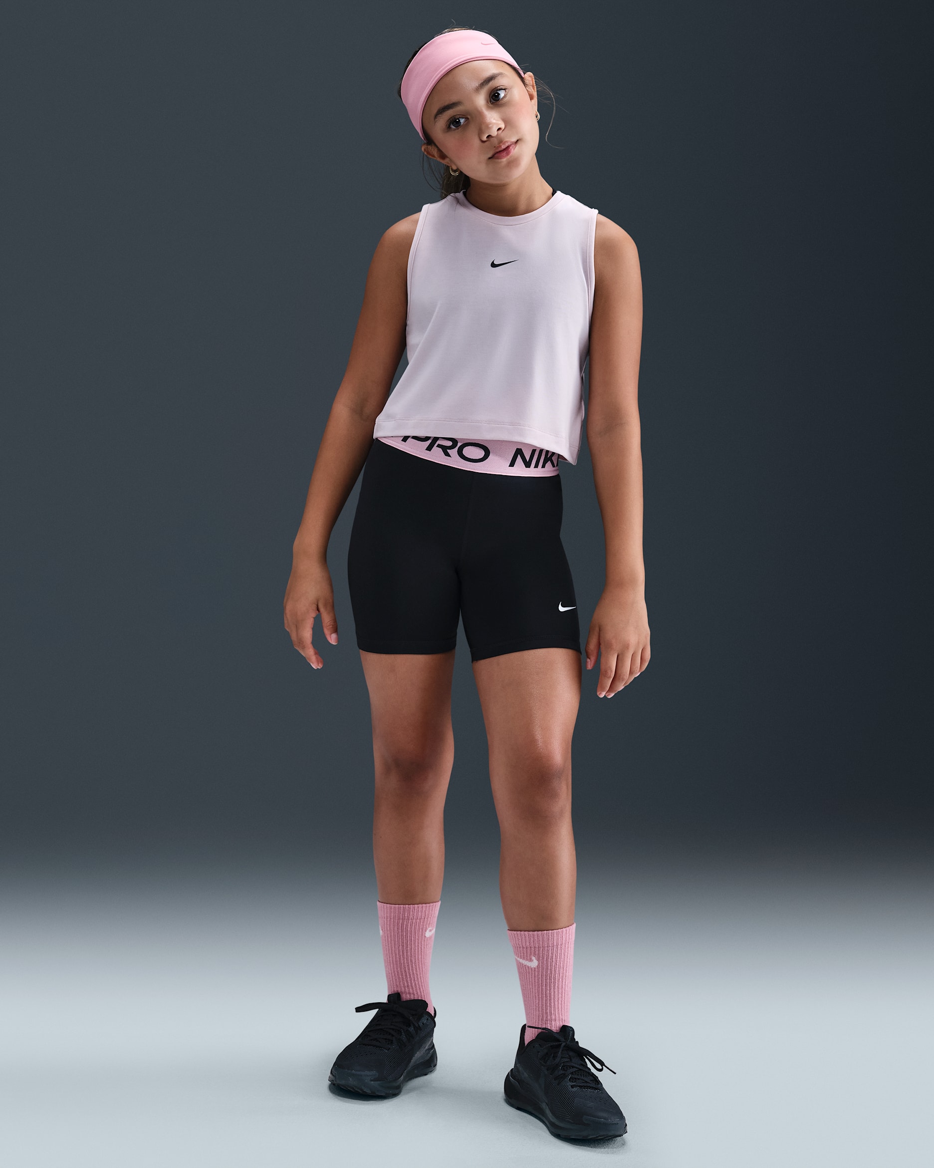 Nike Pro Big Kids' (Girls') Dri-FIT 5" Shorts - Black/Medium Soft Pink/White