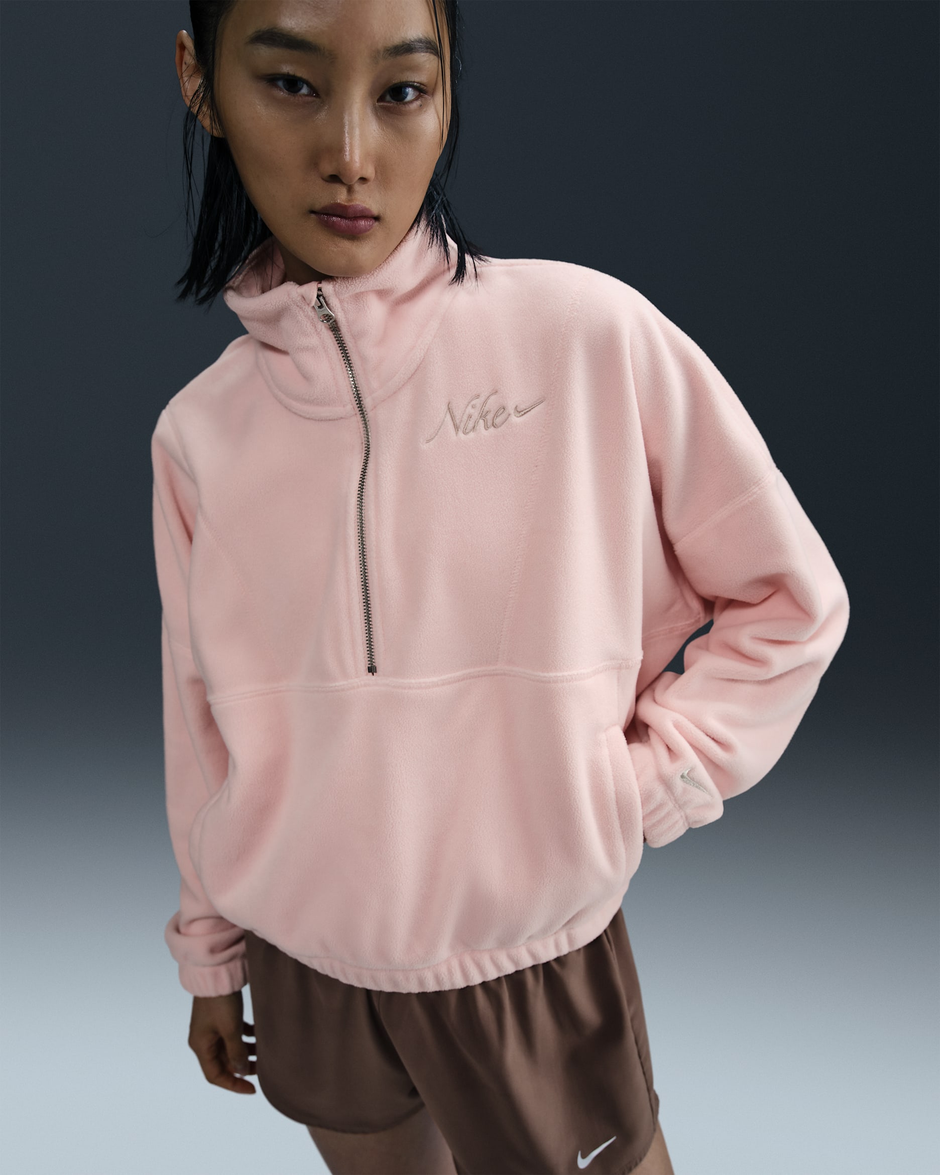 Nike One Women's Therma-FIT Oversized 1/2-Zip Fleece Top - Echo Pink/Fossil Stone