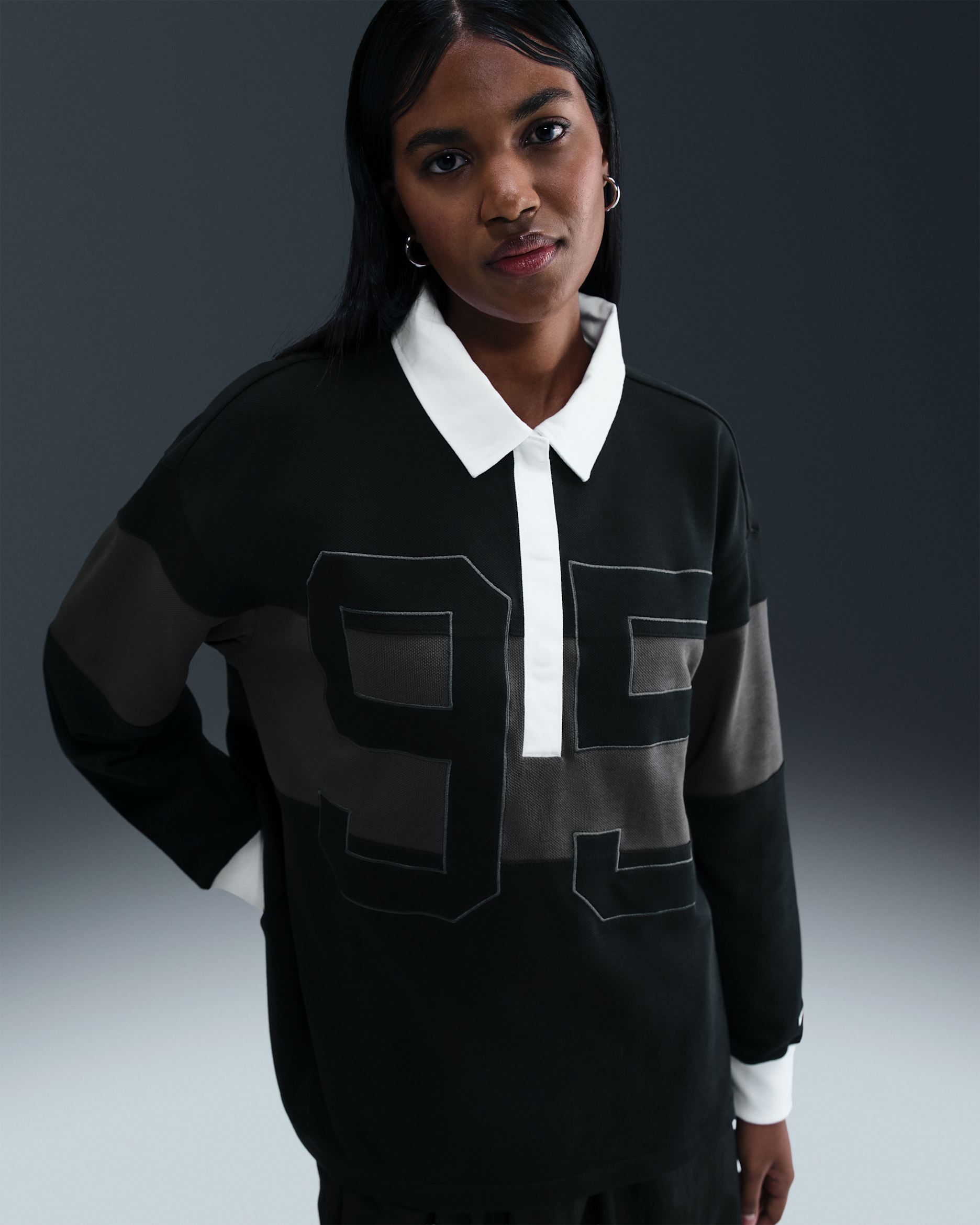 Nike Sportswear Women's Long-Sleeve Graphic Polo Top - Black/Anthracite/White/Sail