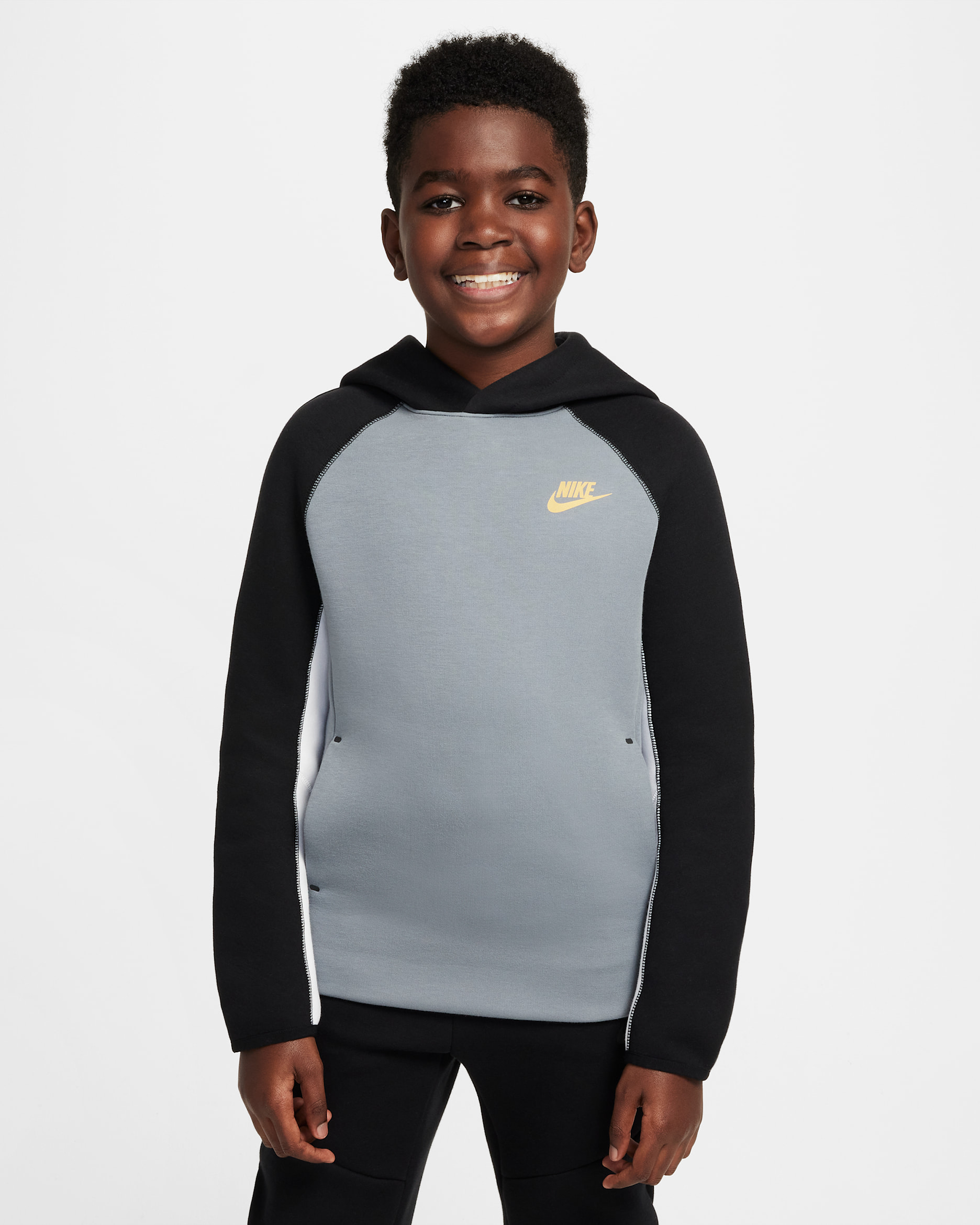 Nike Sportswear Tech Fleece Older Kids' (Boys') Pullover Hoodie - Cool Grey/Black/White/Metallic Gold