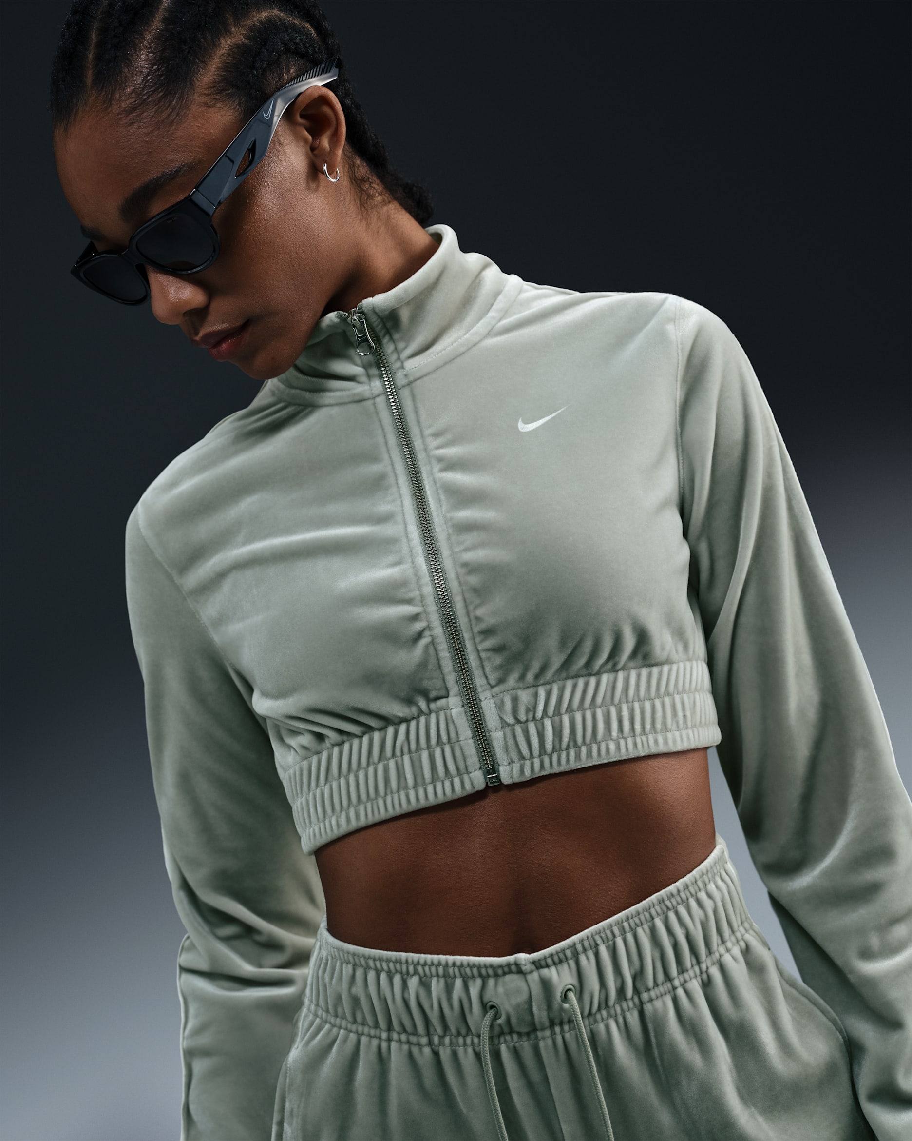 Haut court en velours à zip Nike Sportswear Collection pour femme - Jade Horizon/Sail/Sail