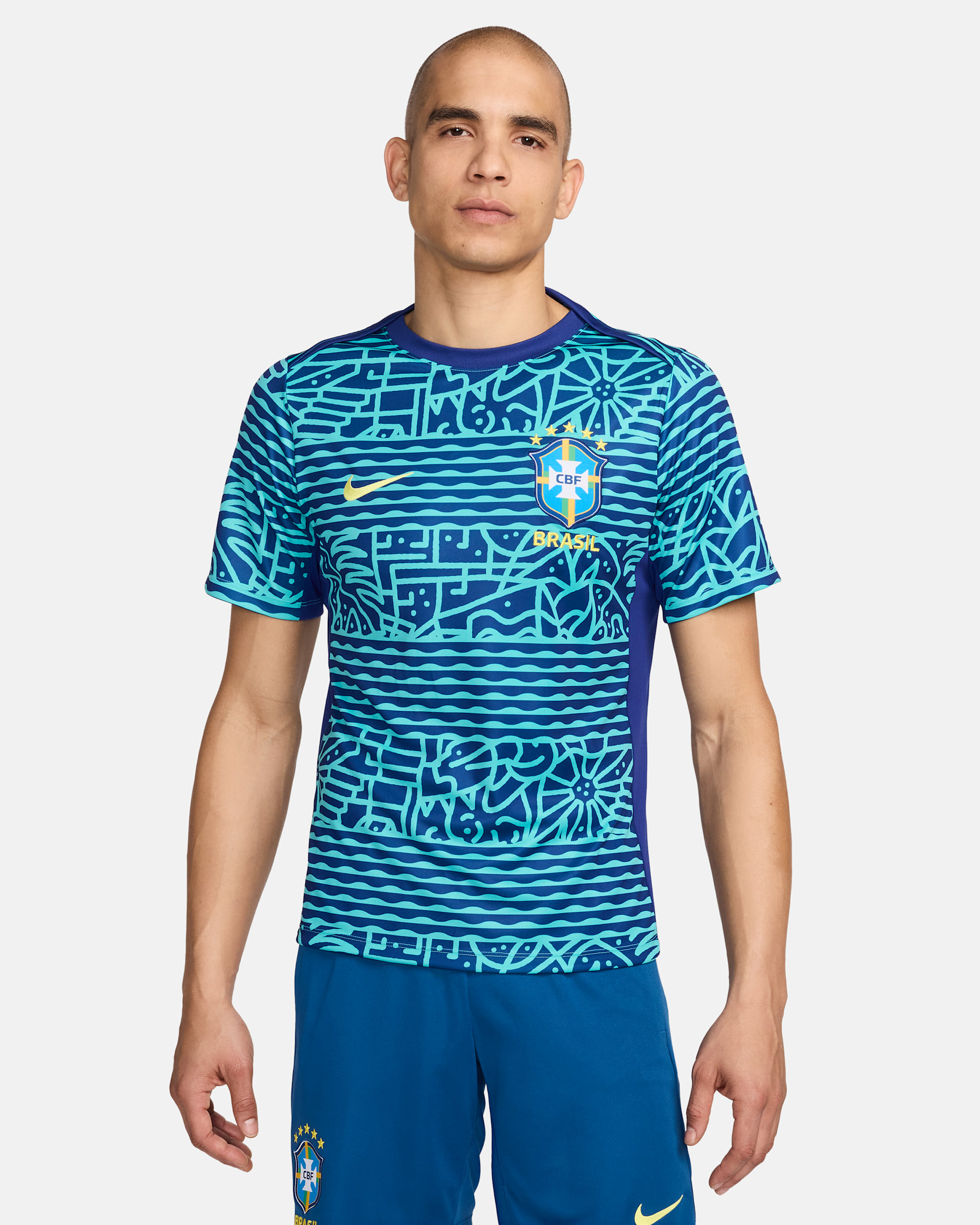 Brazil Academy Pro Men's Nike Dri-FIT Soccer Pre-Match Short-Sleeve Top - Light Retro/Deep Royal Blue/Dynamic Yellow