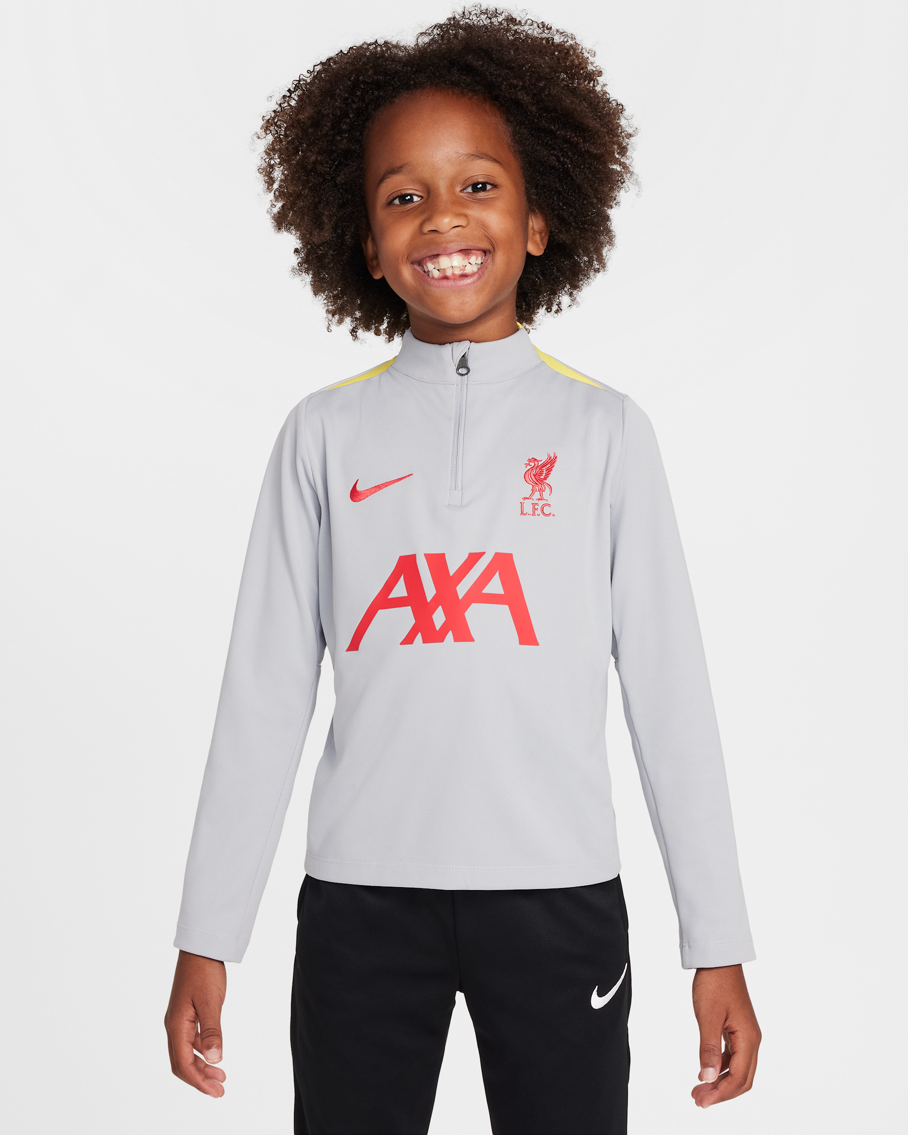 Třetí pleteninové fotbalové tréninkové tričko Nike Dri-FIT Liverpool FC Academy Pro pro malé děti - Light Smoke Grey/Chrome Yellow/Global Red
