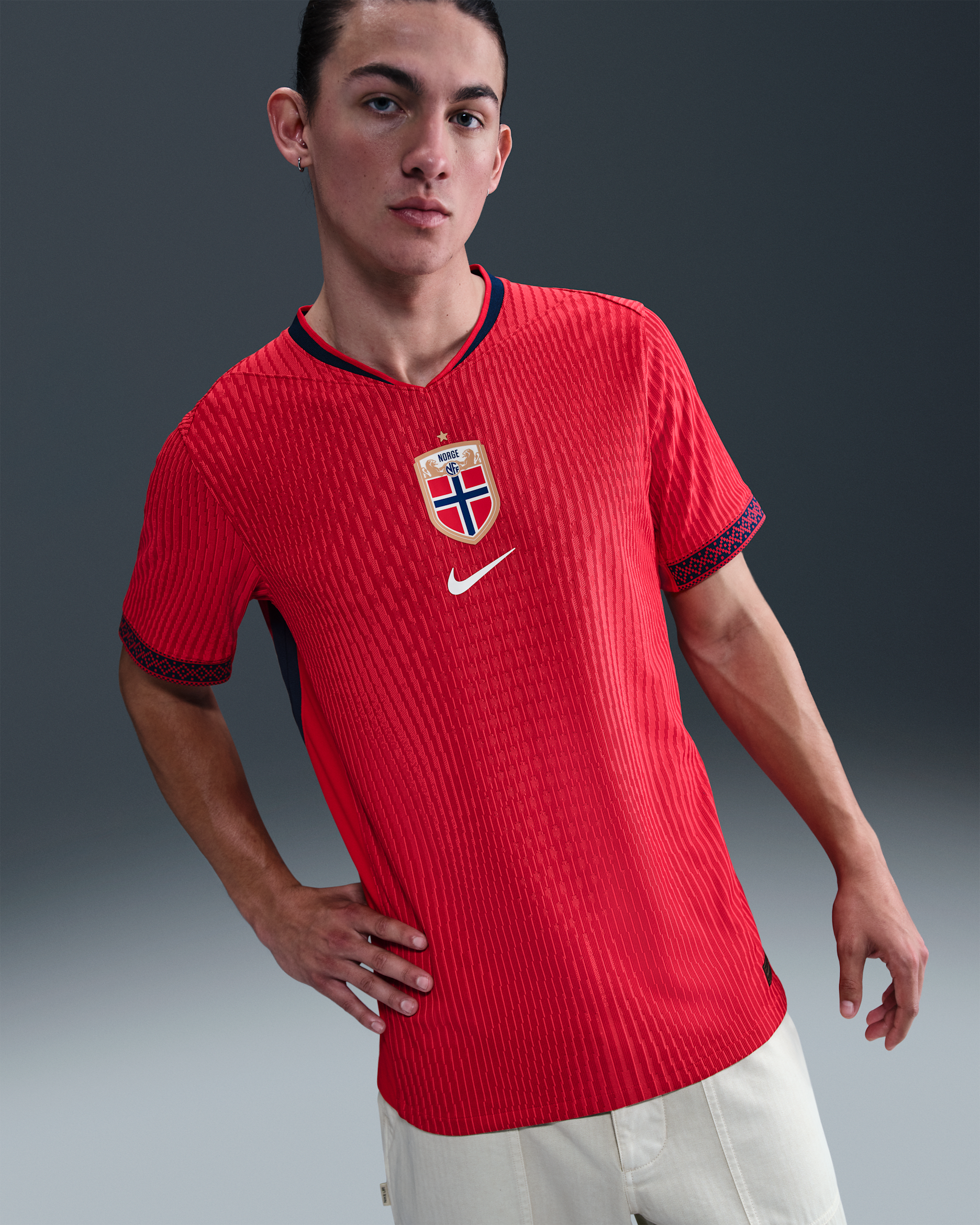 Norway 2025 Match Home (Women's Team) Men's Nike Dri-FIT ADV Football Authentic Shirt - University Red/Blue Void/White