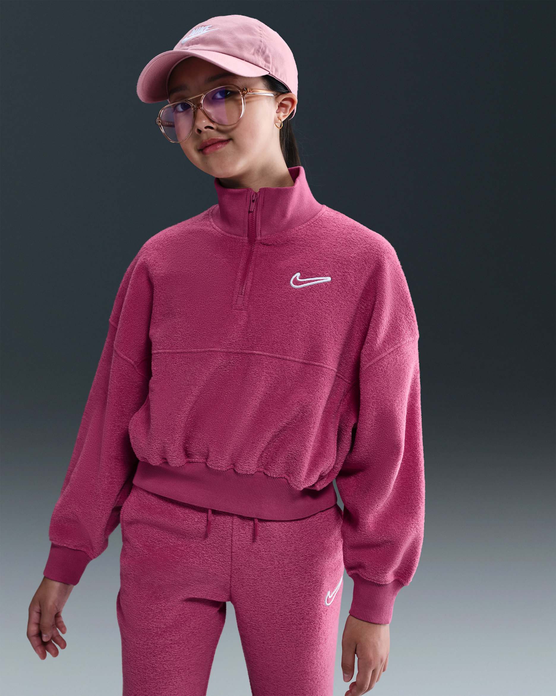Cárdigan de manga larga de tejido Fleece para niña talla grande Nike Sportswear - Remolacha dulce/Blanco
