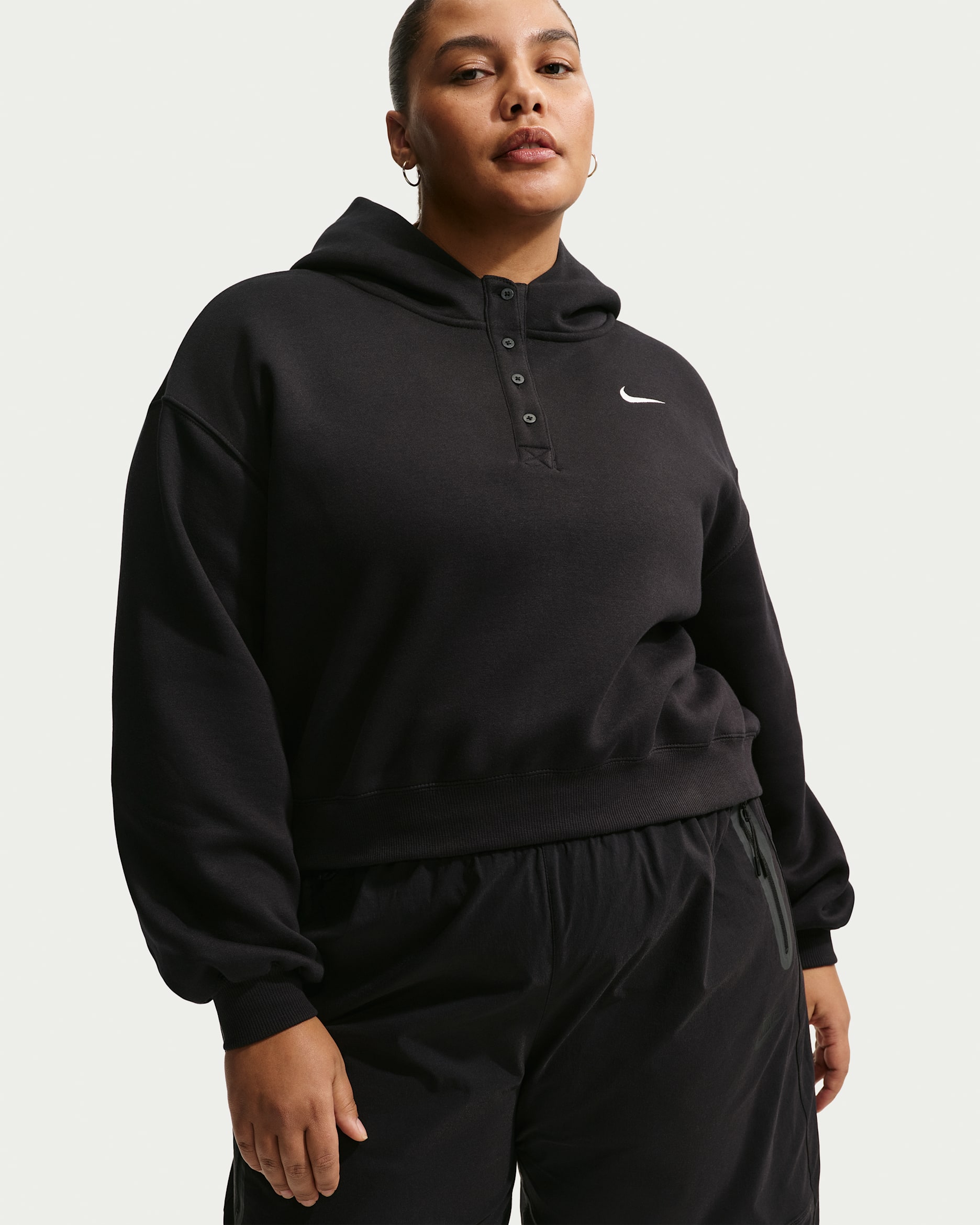 Nike Sportswear Phoenix Fleece Women's Oversized Cropped Henley Hoodie (Plus Size) - Black/Sail