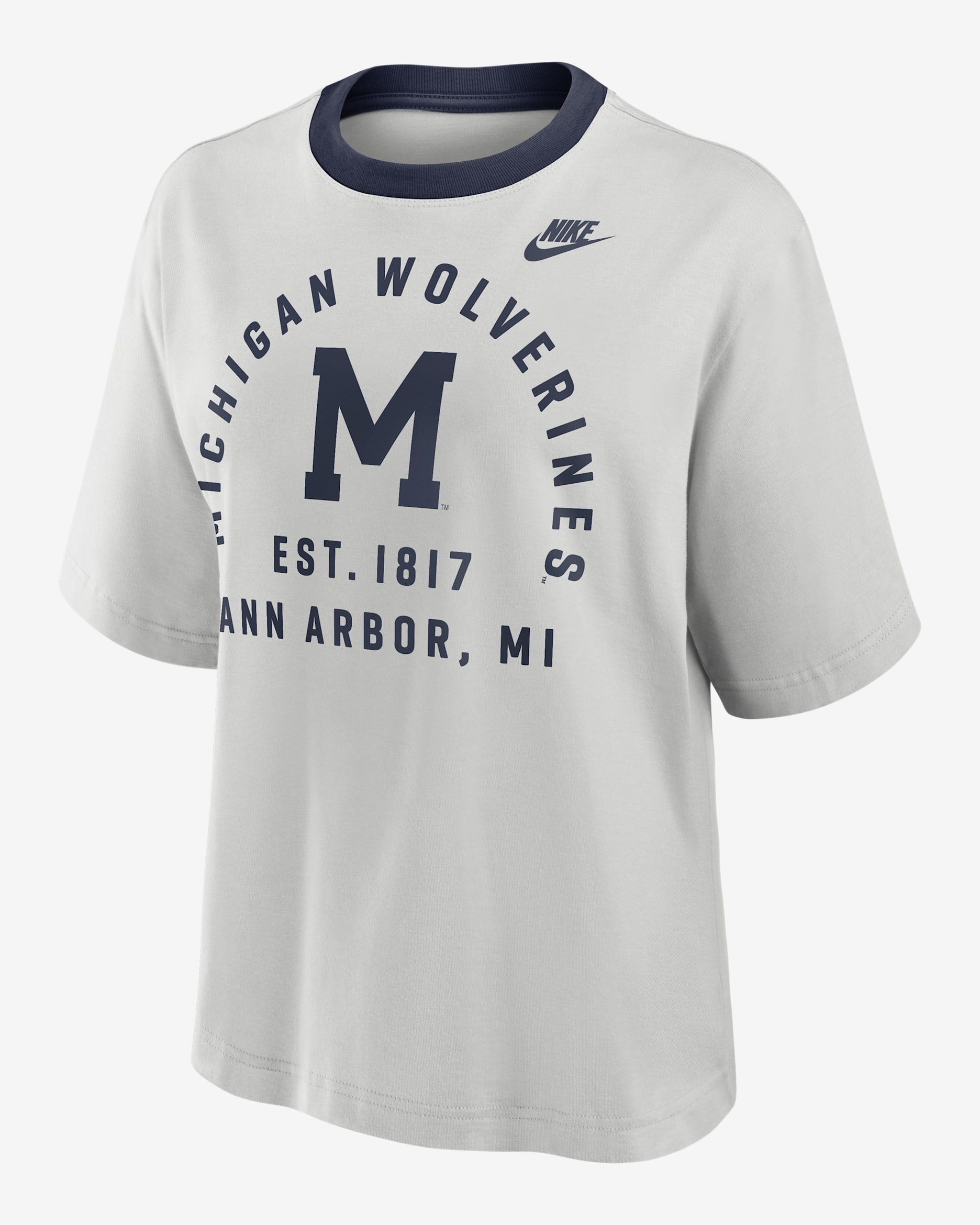 Michigan Legacy Arch Script Boxy Women's Nike College T-Shirt - Photon Dust