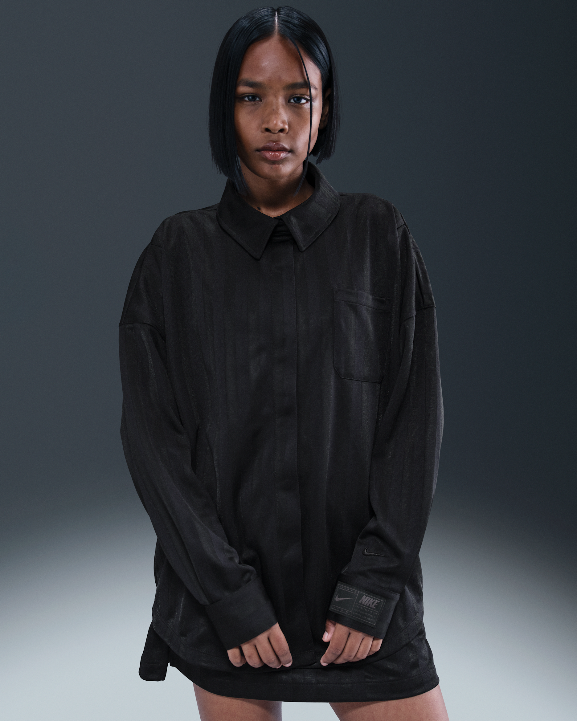 Nike Sportswear Women's Oversized Jacquard Striped Button-Down Shirt - Black/Black