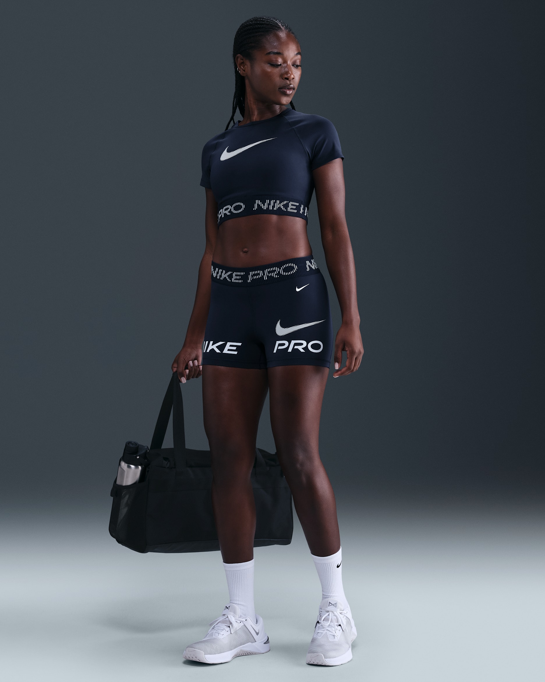 Nike Pro Women's Mid-Rise 3" Biker Shorts - Midnight Navy/Football Grey/White