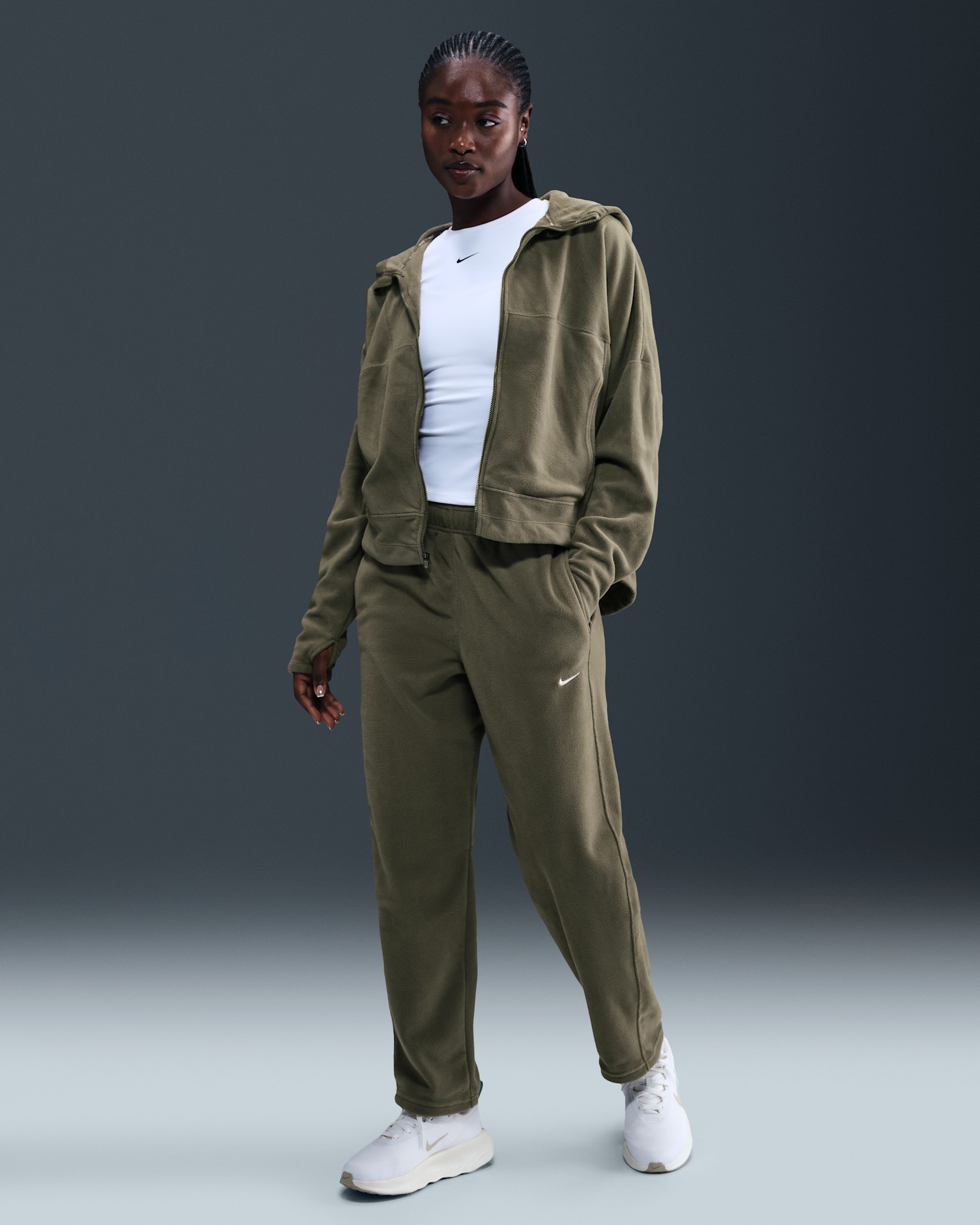 Nike One Women's Therma-FIT Mid-Rise Fleece Trousers - Medium Olive/White
